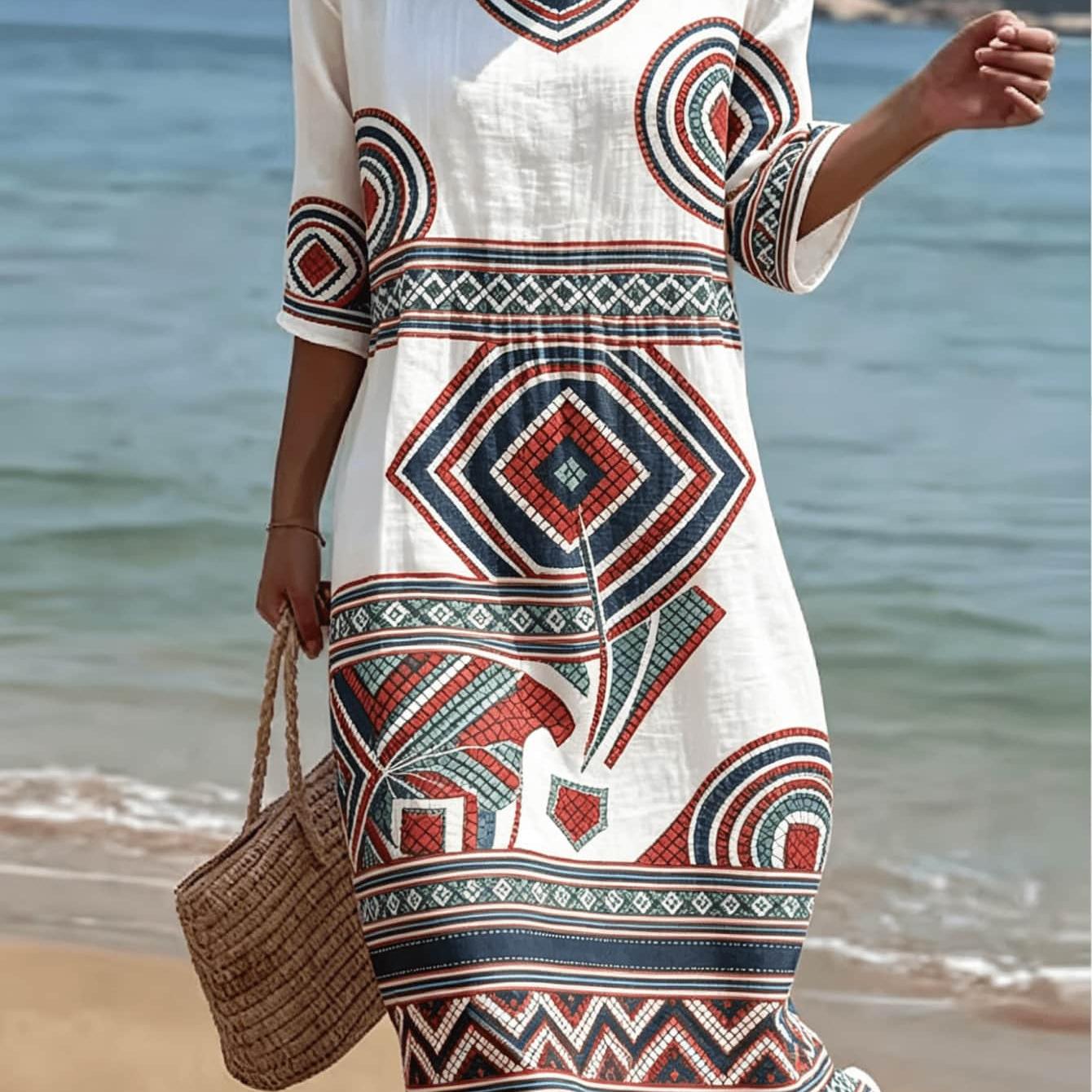 Image of Plus Size, Plus Size Tribal Geometric Print Dress For Women, Casual 3/4 Sleeve Round Neck Loose Midi Dress, Colorful Ethnic Style Summer Dress