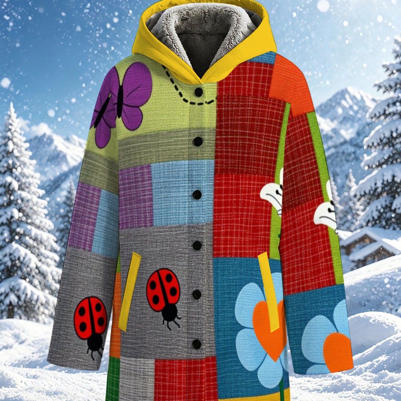TEMU Lianyaoshi[printed Design Not Textured]women's Fleece-lined Coat For Autumn Winter Colorful Quilted Design With Ladybug , Lightweight Warm