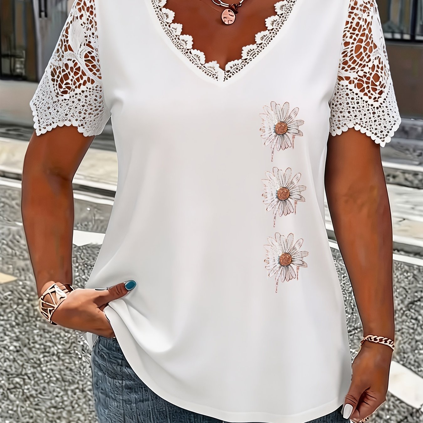 TEMU Plus Size, Plus Size Lace Trim Women's Summer V-neck T-shirt, Tummy Control Top