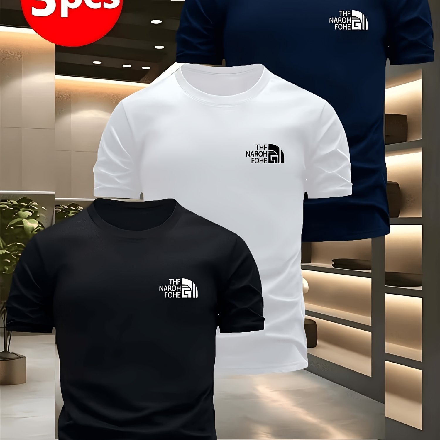 TEMU Ensemble de 3 T-shirts Homme avec Logo Extérieur, 100% Polyester Respirant, Col , Blanc et Marine pour Randonnée, Camping et Tenue Décontractée,