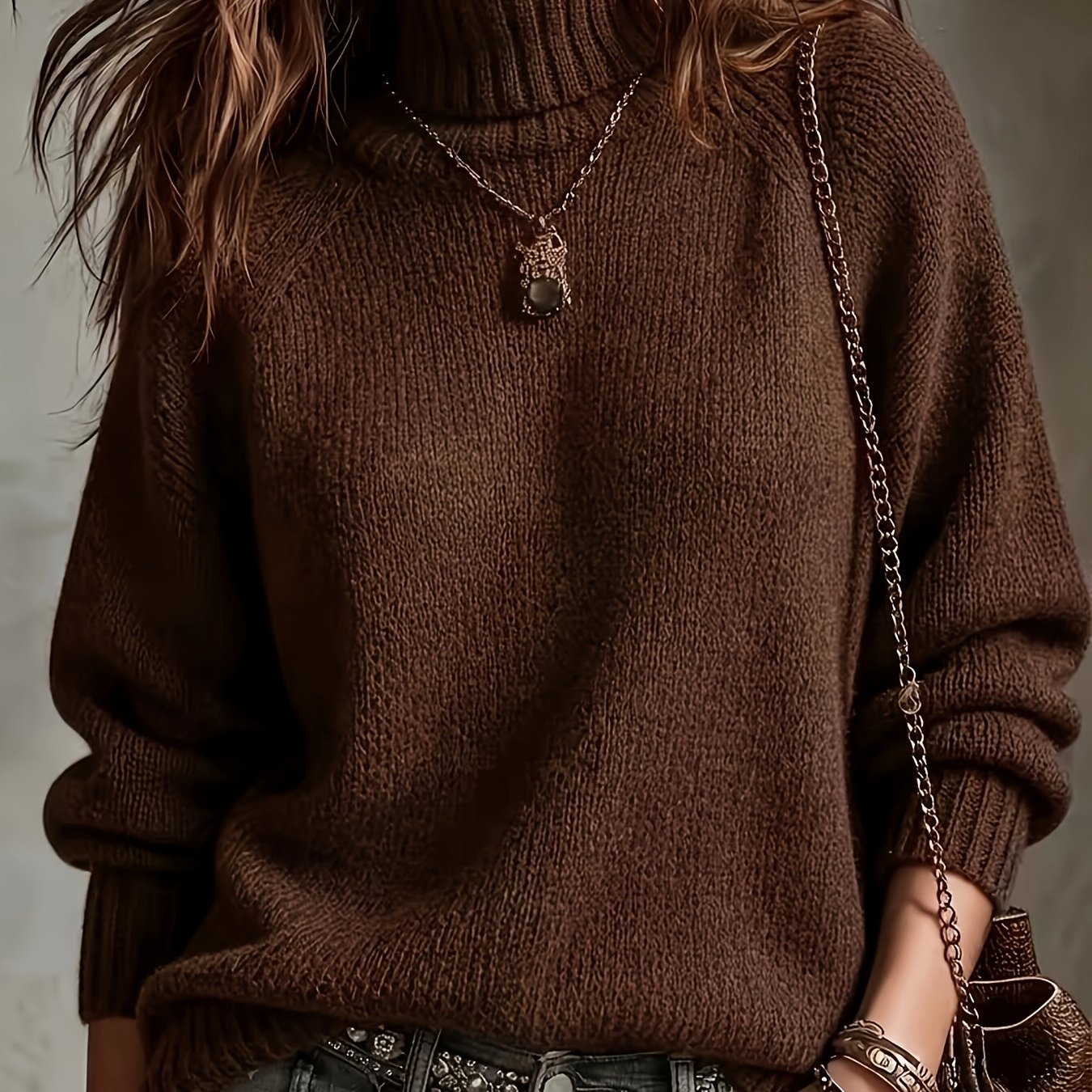 TEMU Pull épais d'automne-hiver rétro couleur unie à col et épaules tombantes pour femmes, manches longues, , décontracté, , couche de base, facile à