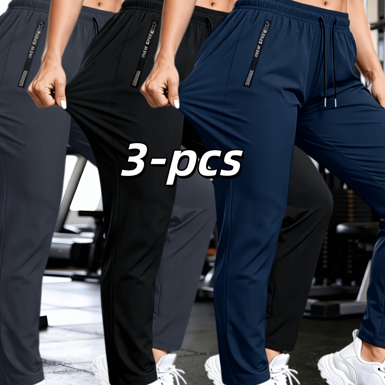 TEMU 3pcs (3pcs) Women's Quick-dry Athletic Pants With Elastic Waist & Reinforced Zippered Pockets - Lightweight Full-length Trousers Suitable For