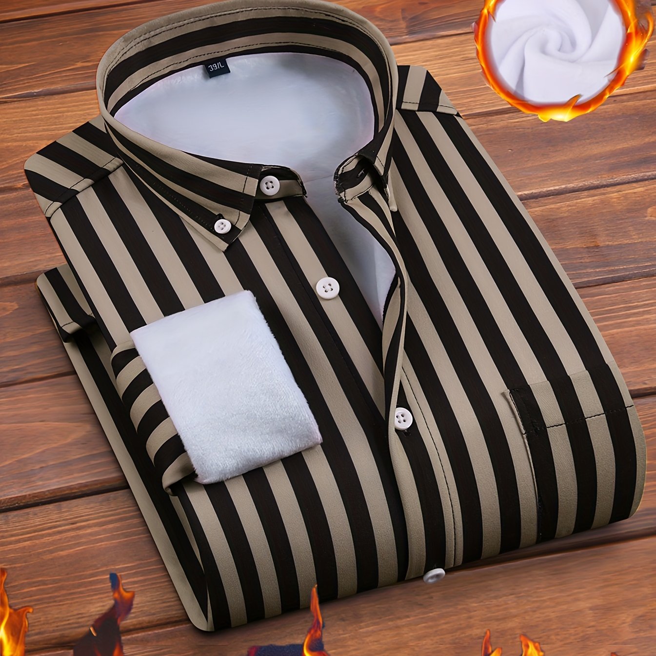 TEMU Men's Thickened Warm Striped Long-sleeve Shirt For Winter, Suitable For Business And Casual Wear, Featuring Pockets