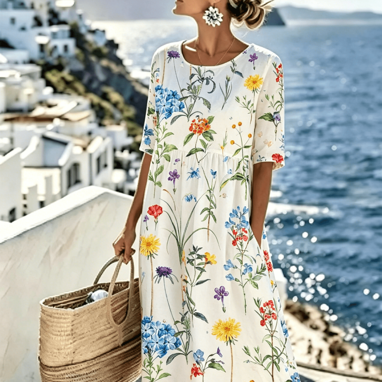 Image of Women's Summer New Half-sleeve Dress, With Colorful Print, Round Neck Waist A-line Skirt, Loose Casual Vacation Long Dress