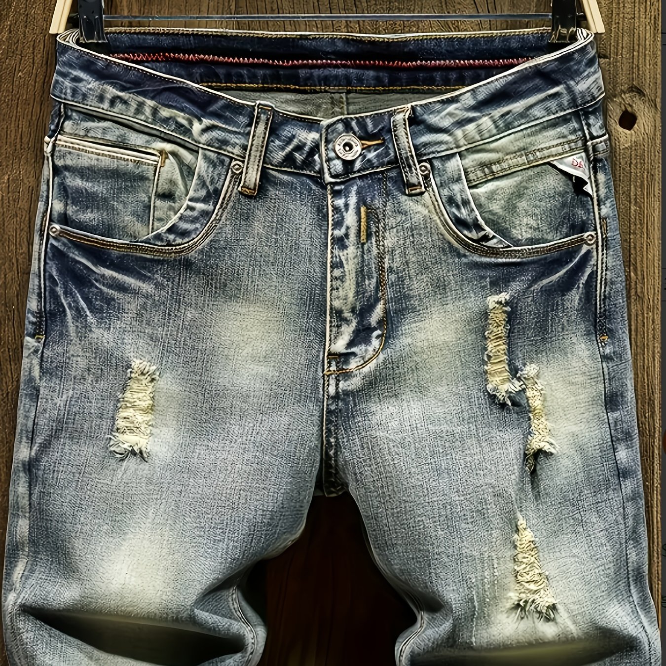 TEMU Men's High-waisted Slim Tapered Jeans Style, Featuring A 5- With Distressed Details. Made From Denim, Are Machine Washable And Suitable For . A