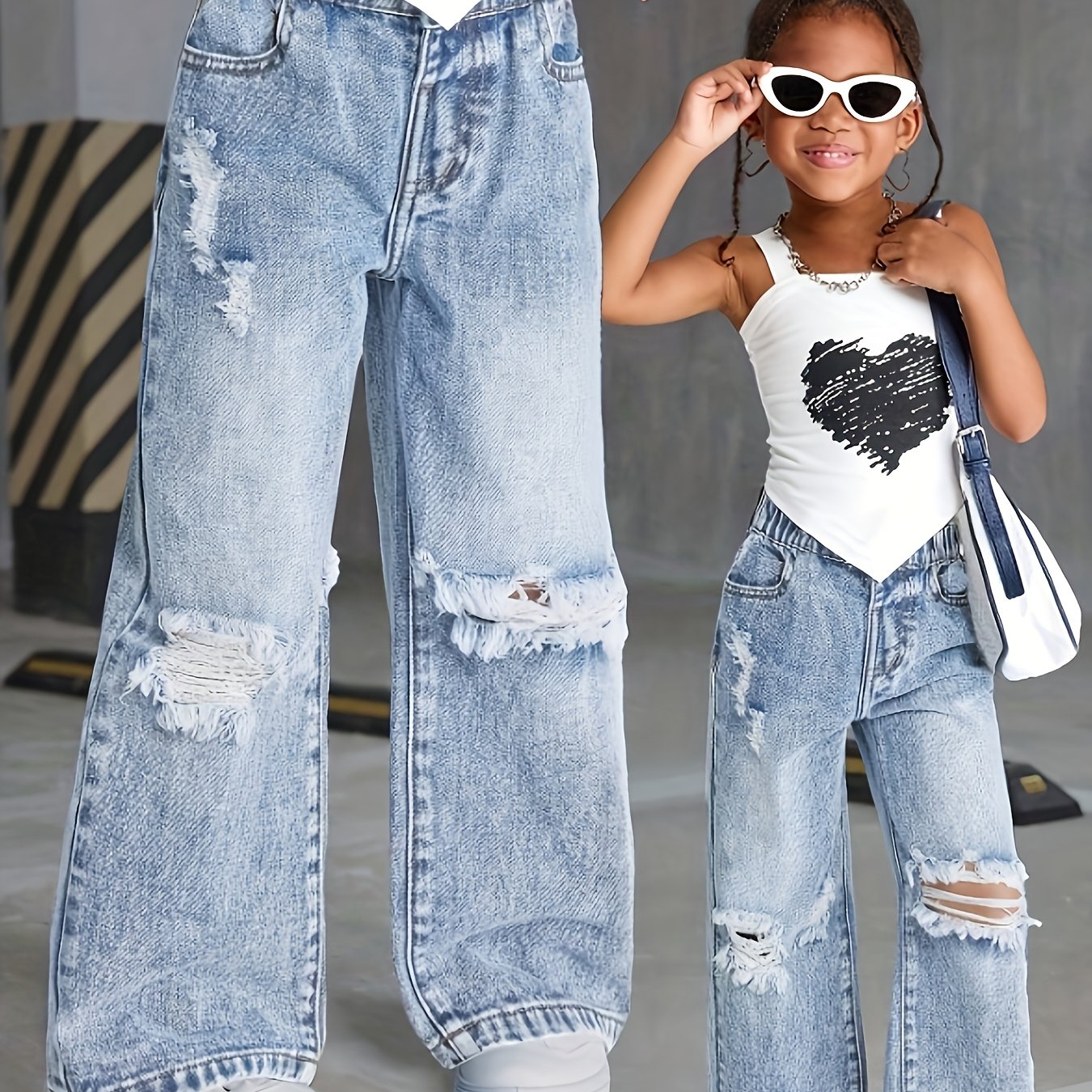 Girl's Ripped Wide-leg Jeans, Street Style Distressed Washed Denim Pants For Daily , Effortlessly Suitable For Occasions, A Must-have For Stylish Girls' Outfits