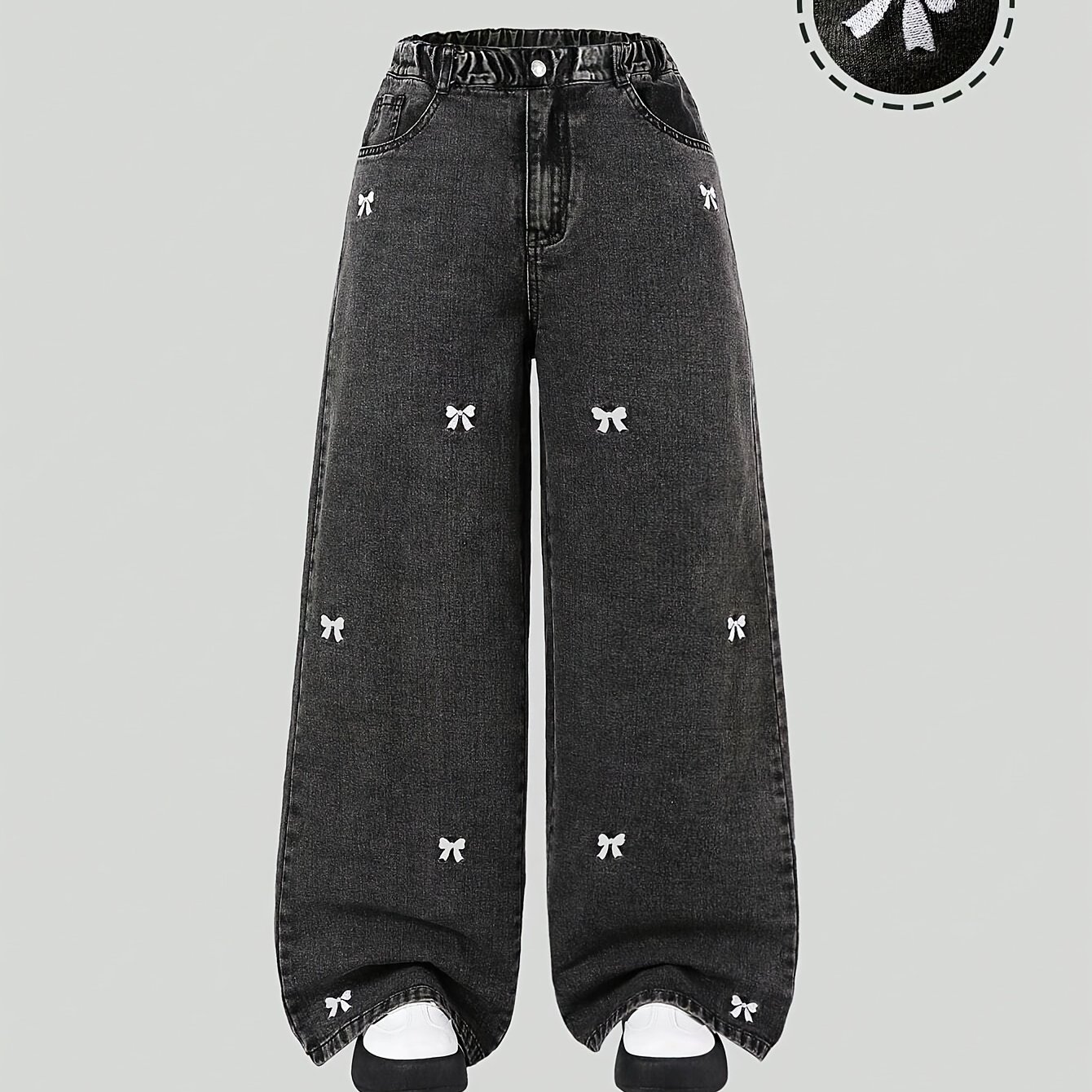 Image of Girls' Sweet And Style Versatile Denim With Bow Embroidery, Loose Long Pants & Embroidered Craft Trousers