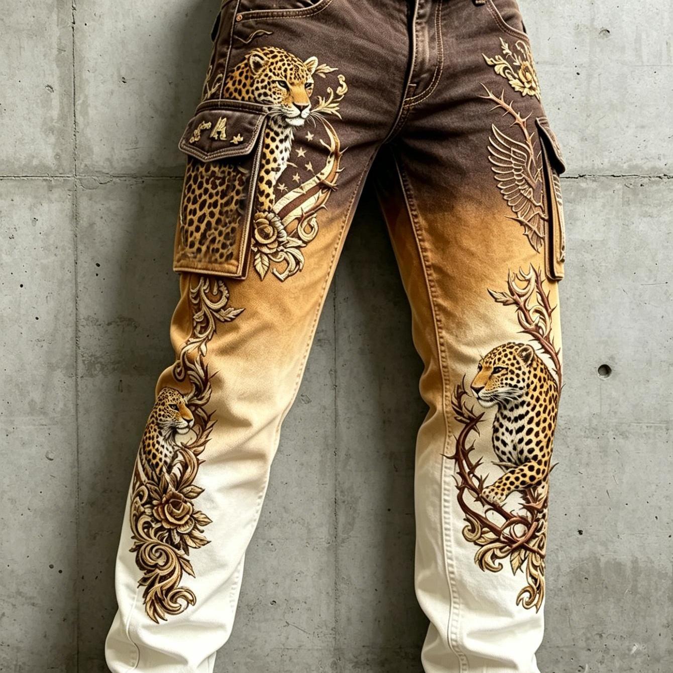Image of Men's Brown To White Gradient Cargo Pants - Full-body Leopard & Floral Print Soft Western Trousers, Belt Not Included Suitable For Outdoor, Hunting, Casual Wear, Machine Washable - Pants