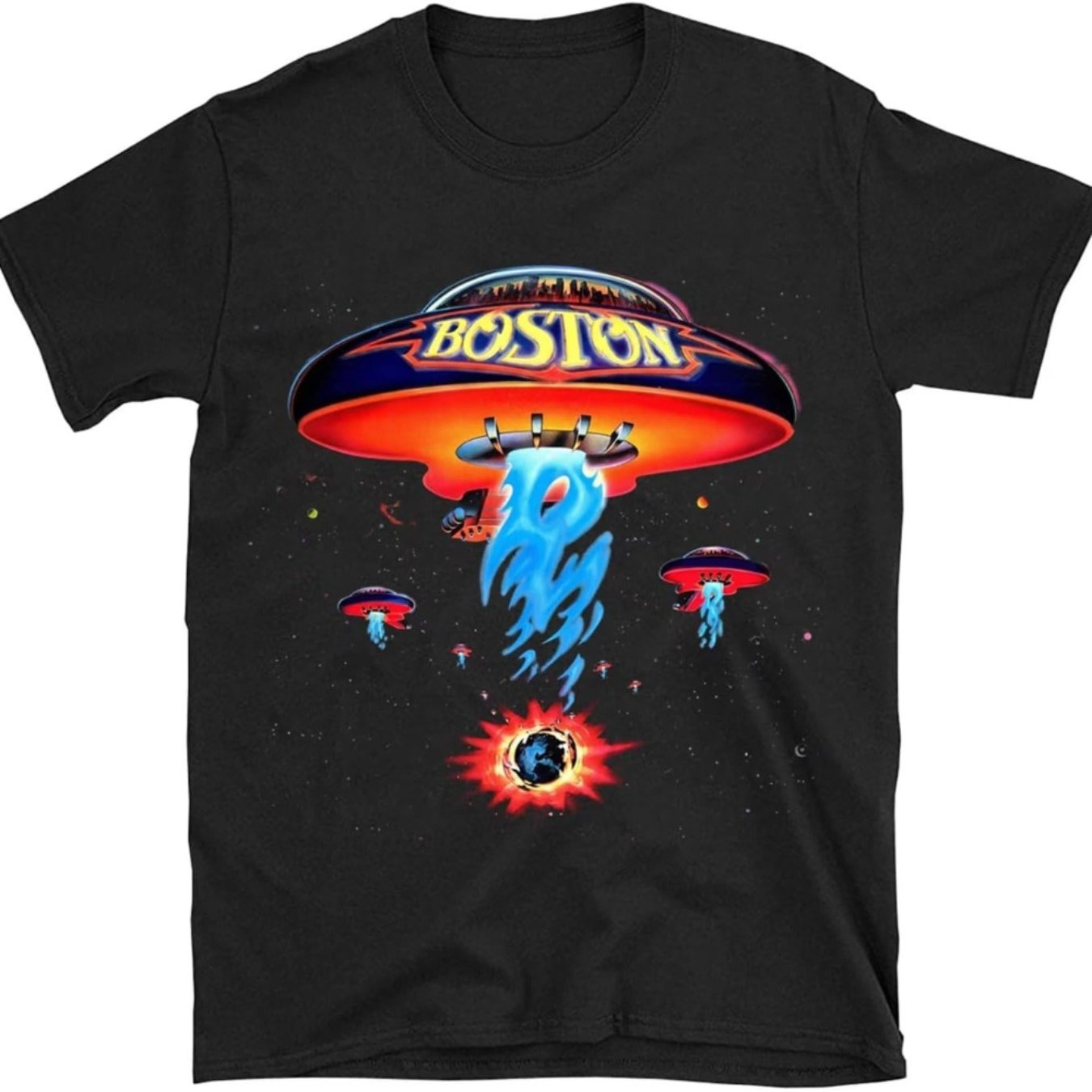 TEMU Boston Band T-shirt Poster Shirt Spaceship Rock Band T-shirt Men Black