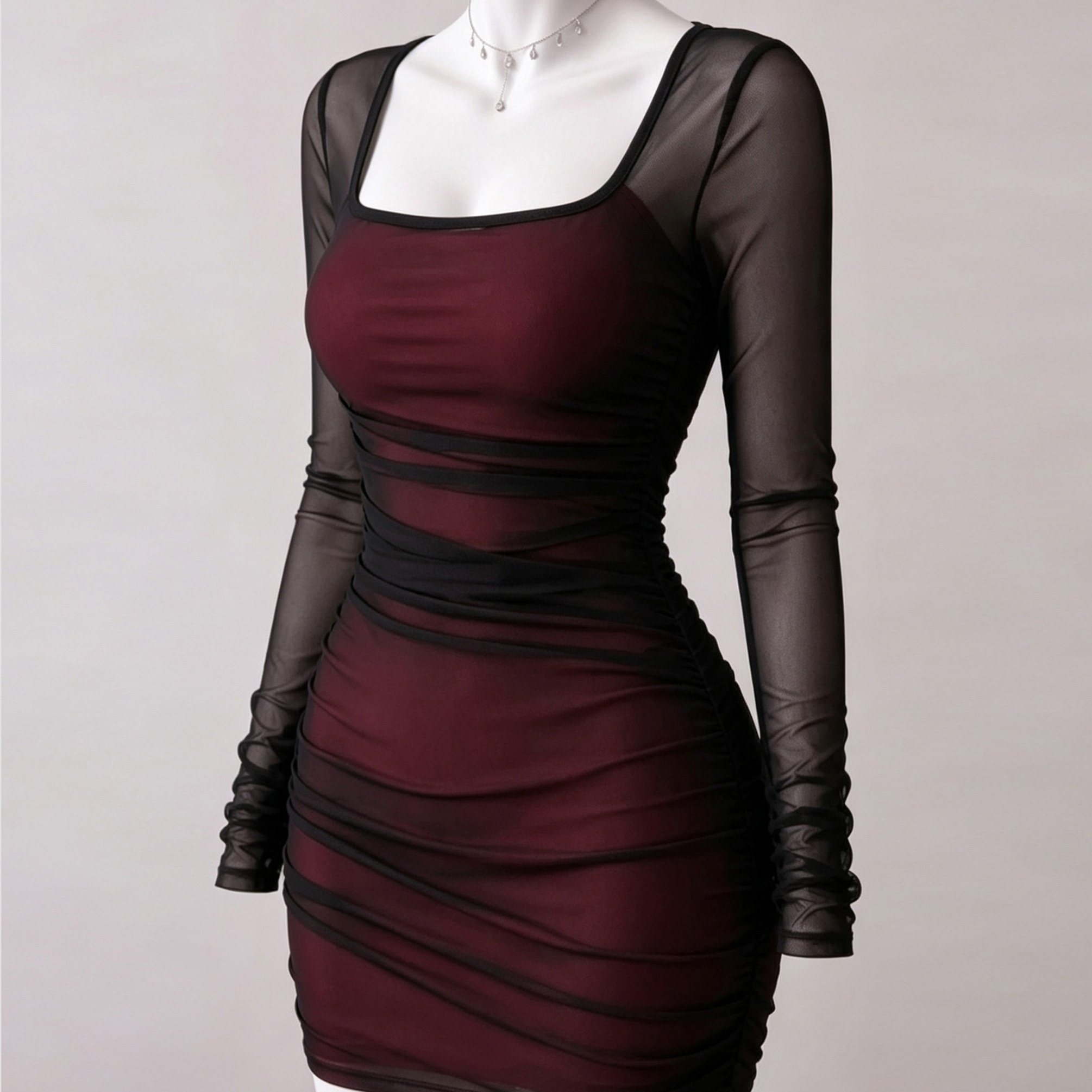 TEMU Women's Elegant Sheer Mesh Square Neck Bodycon Dress With Ruched Waist - Long Sleeve Suitable For For Party, Date, Back-to- Outfit, Y2k Style