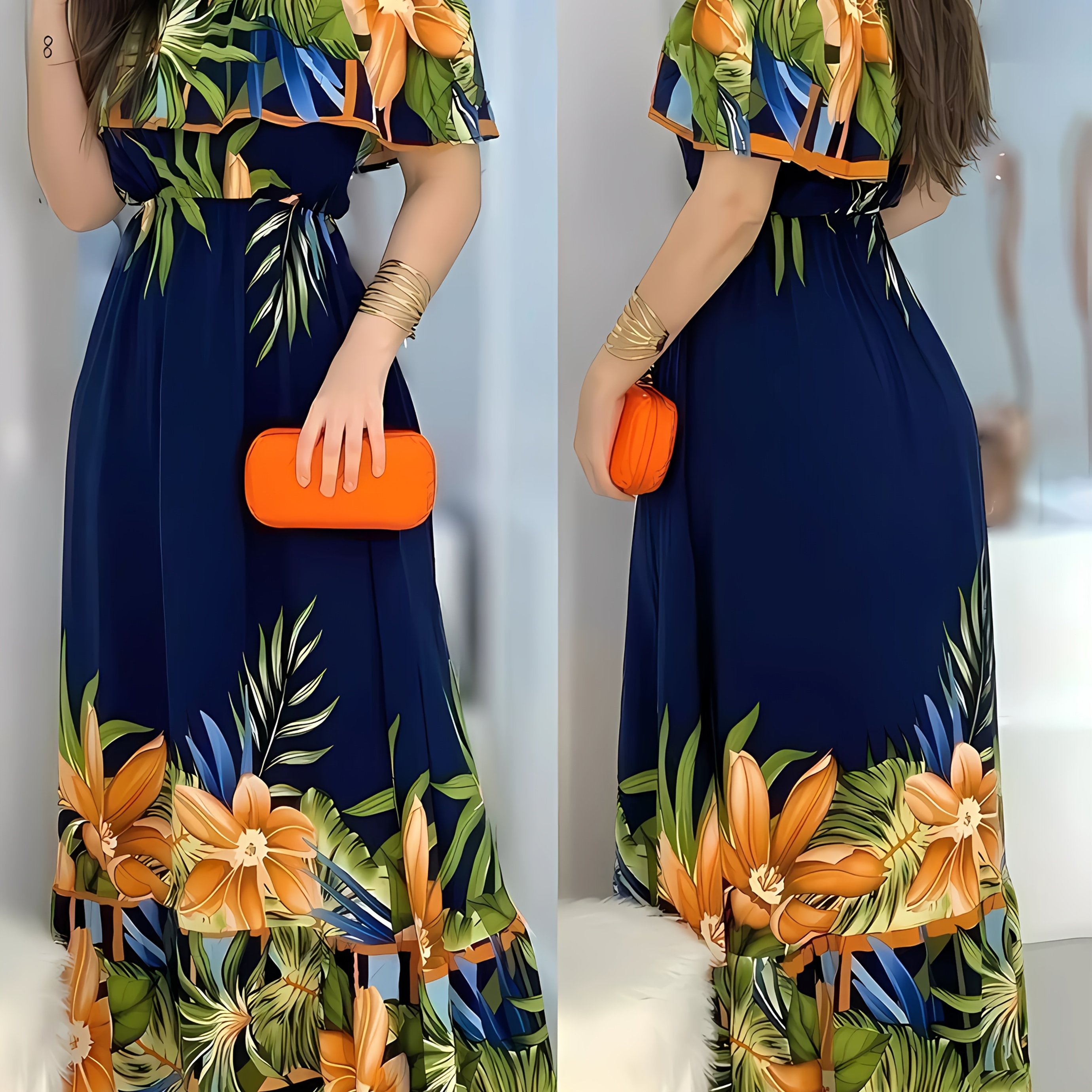 TEMU Tropisches Blumen-Maxikleid mit Schulterfreiem Ausschnitt für Damen - Lebendiges Oranges, Blaues & Grünes Blumendruckmuster, Gerüschte Details,