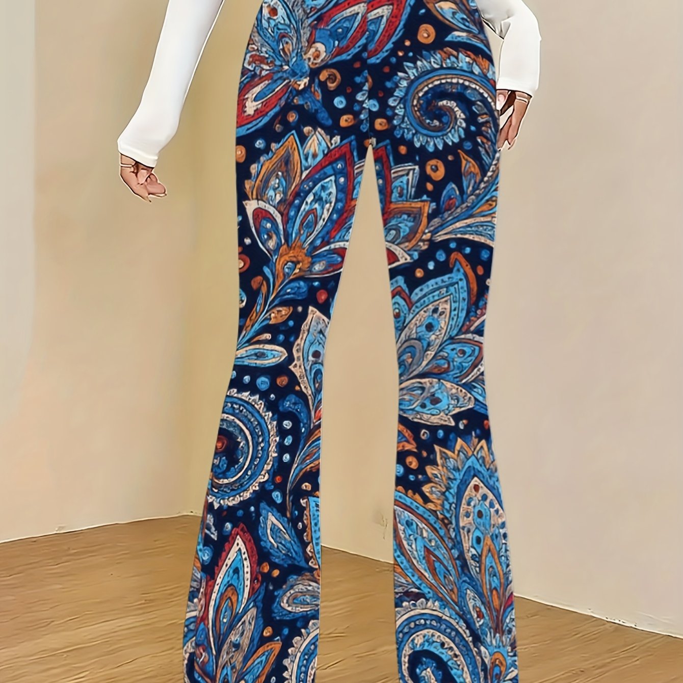 TEMU New Style - Women's Trendy And Unique Flared Trousers, Slim-fit Design, Body-hugging And, Full Of ! Abstract Print, Medium Stretch, Wrapping And