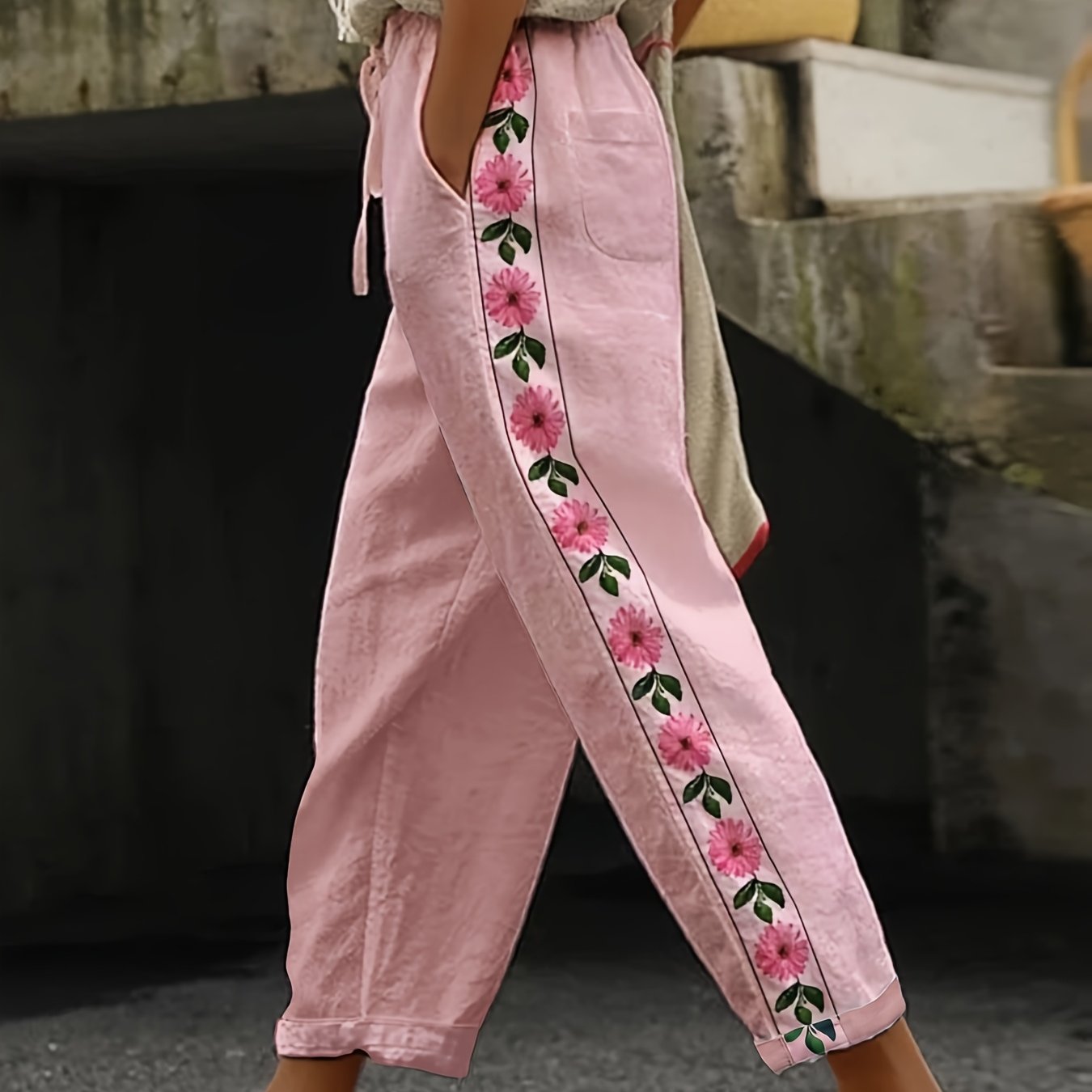 E-shop Damenbekleidung, lässige Pendlerhose, bequem und atmungsaktiv, elastischer Bund mit Kordelzug, einfarbiger Digitaldruck 9-Punkt-Hose, Damenhose