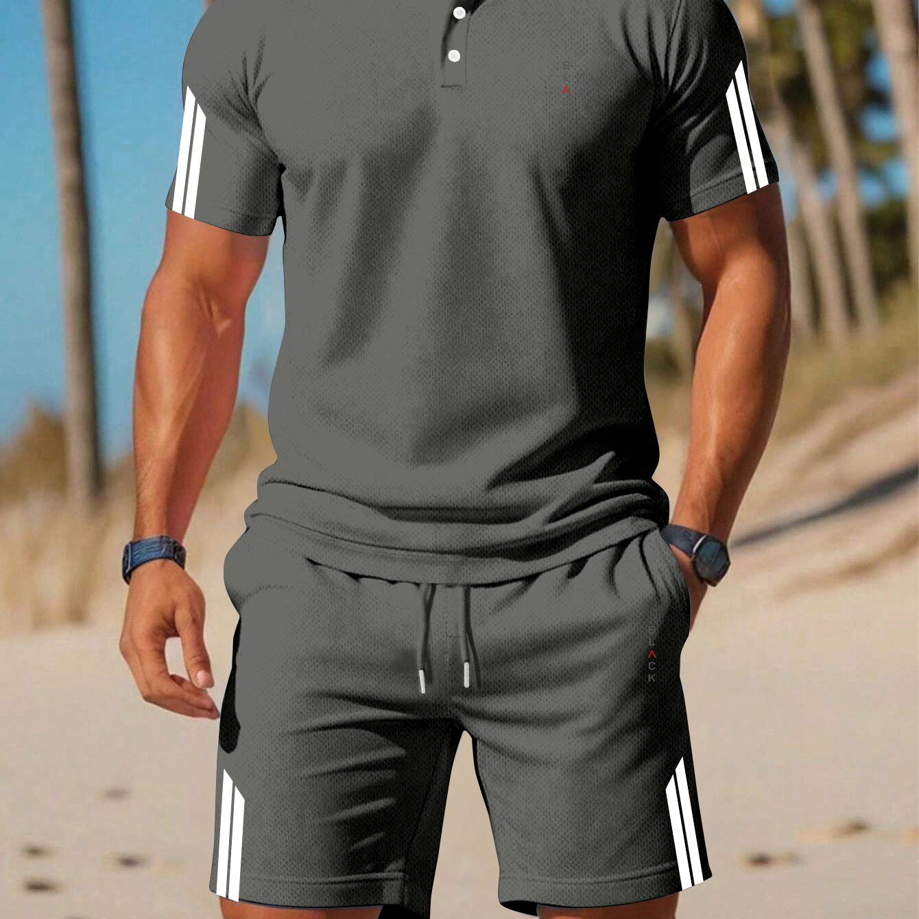TEMU Casual Sport Quick-dry Short Sleeve And Shorts 2pcs Set For Daily, Beach, And Outdoor Wear