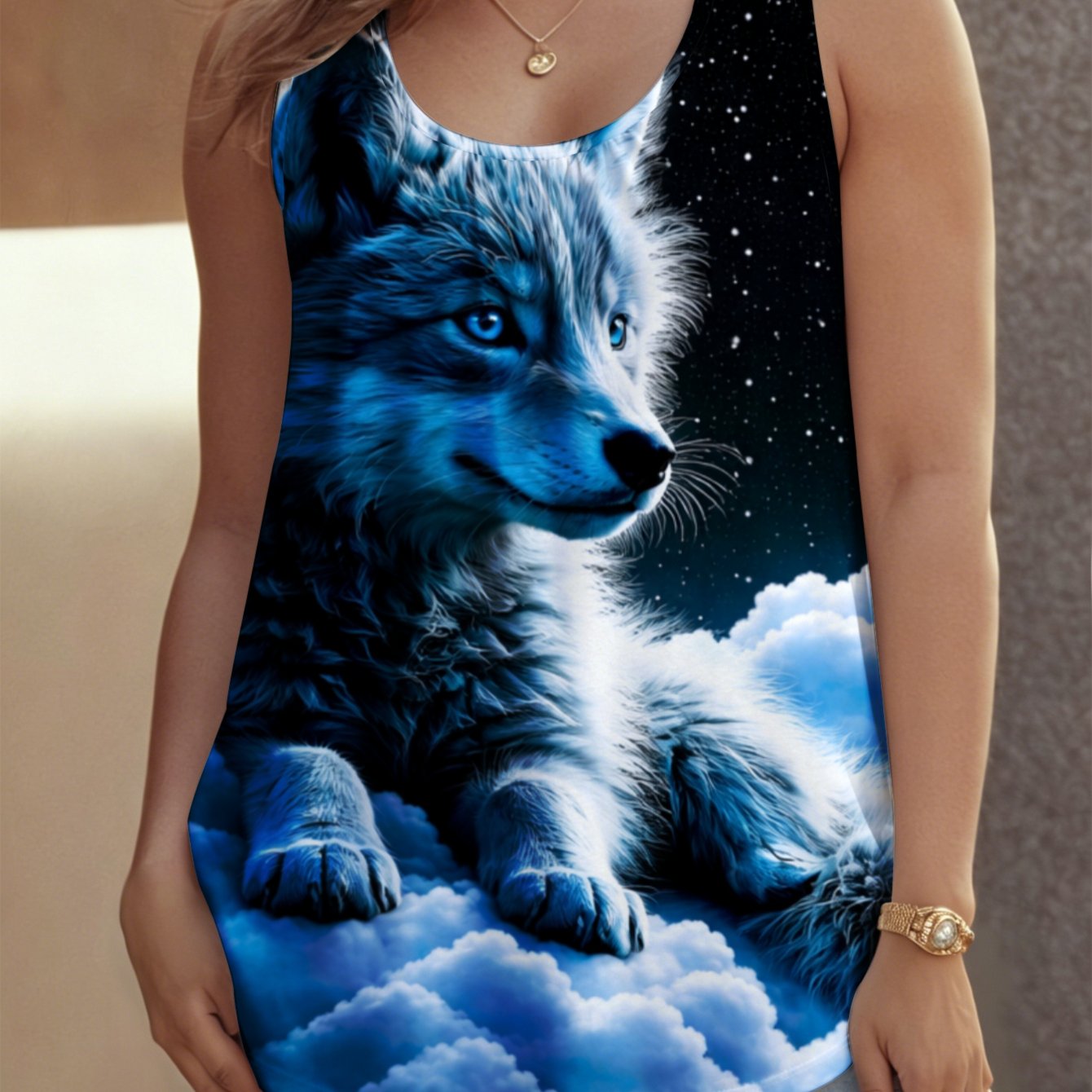 Image of Plus Size - Women's Plus Size Crew Neck Sleeveless Tank Top, Sizes 0xl-9xl Wolf Cloud Night Breathable Fabric Suitable For , Beach And Travel, Stylish Sexy Outfits For Women