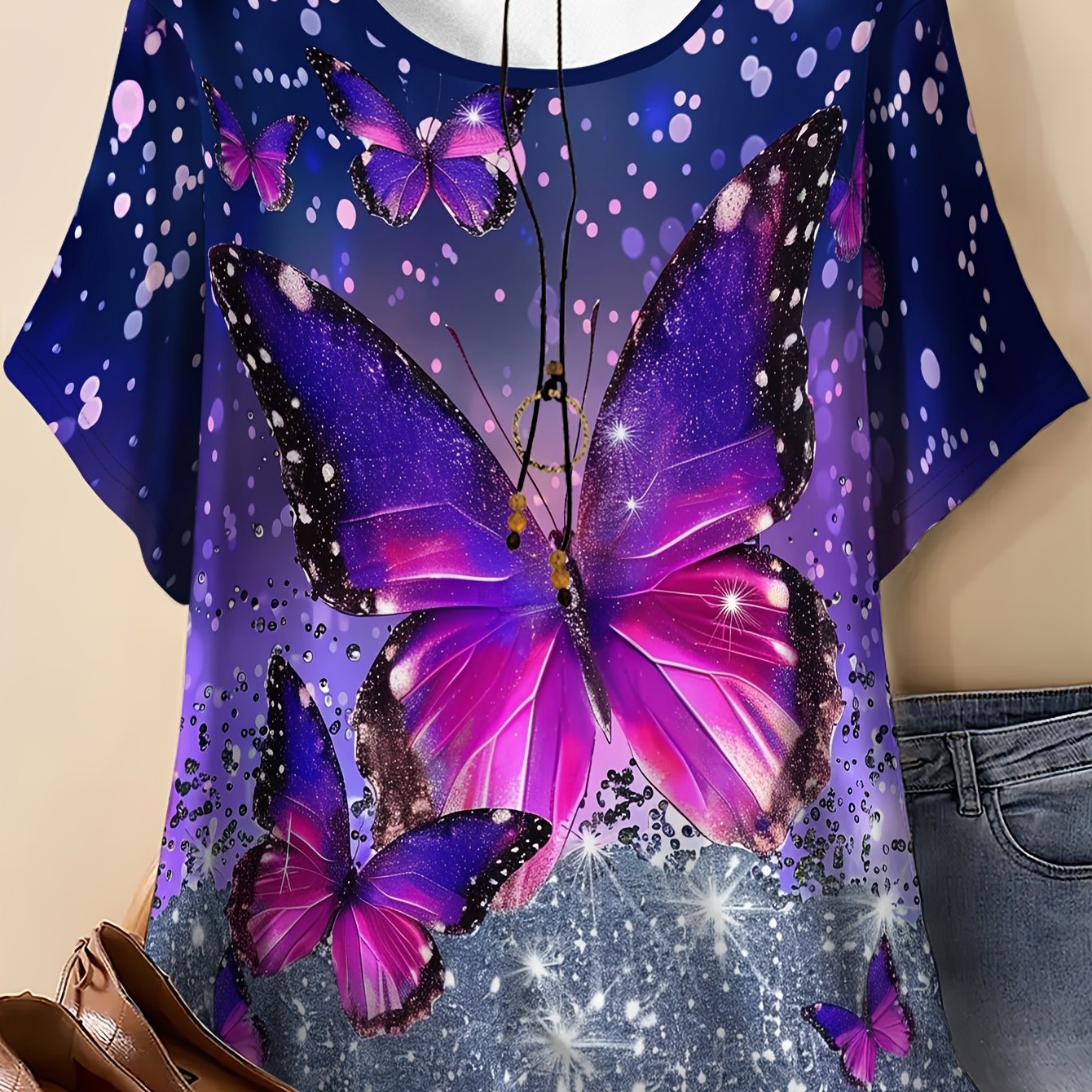 TEMU Plus Size - Plus Size - Plus Size Women's Clothing Featuring A Gradient Pattern Print, T-shirt, Slightly Stretchy Fabric, Machine Washable,