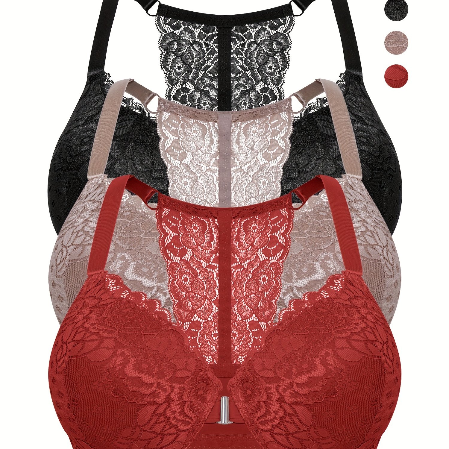 Image of 3pcs Plus Size Lace Front Closure Bras For Women, Comfortable Lace T-shirt Bra, Sexy Lace Racerback Bra, Ultra Soft And Lightweight, Lightly Lined, Women's Lingerie, Underwire