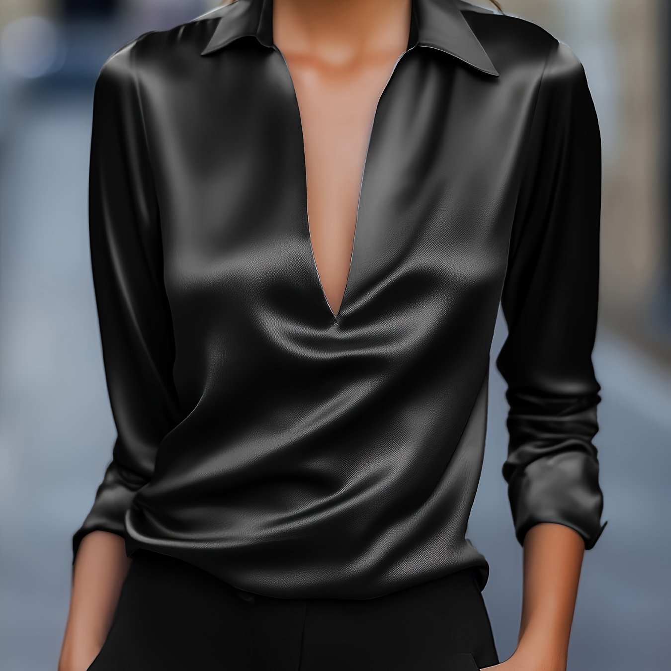 Image of Women' Color Satin V-neck Fashion Blouse