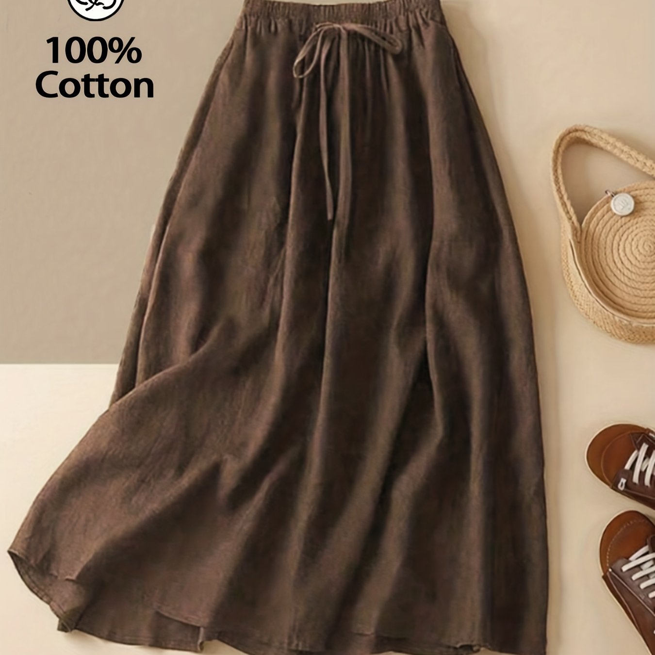 Image of Women' Color Elegant Style Tie-waist Skirt, Artistic Midi Elastic Waist Skirt With , Comfortable Solid Skirt For Casual Wear, Commuting, And Beach Vacations, Wear