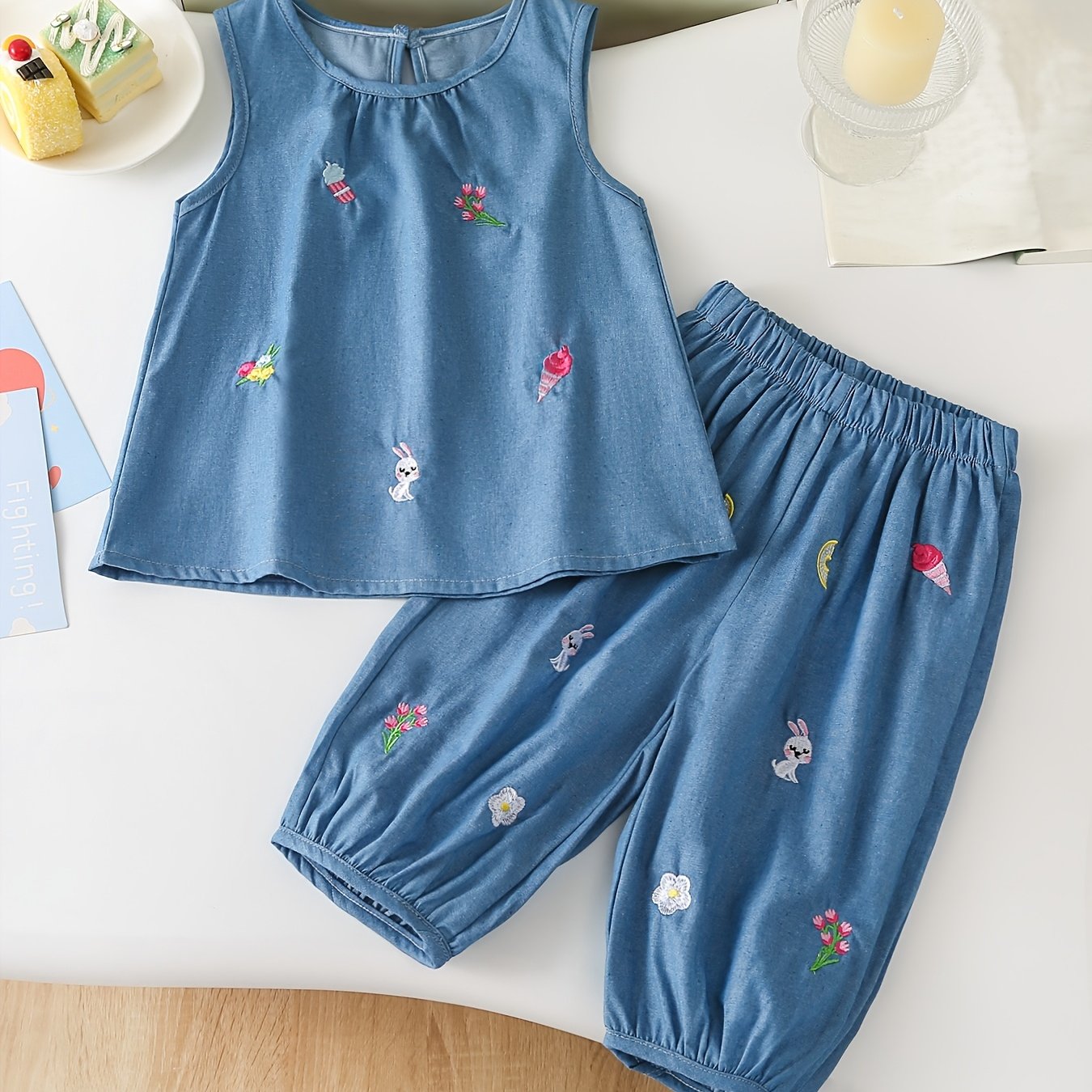 Image of Girls' Denim Two-piece Set, Summer Thin Cartoon Embroidered Round Neck Sleeveless Vest And Elastic Waist Capri Pants, Denim Outfit, For Outdoor