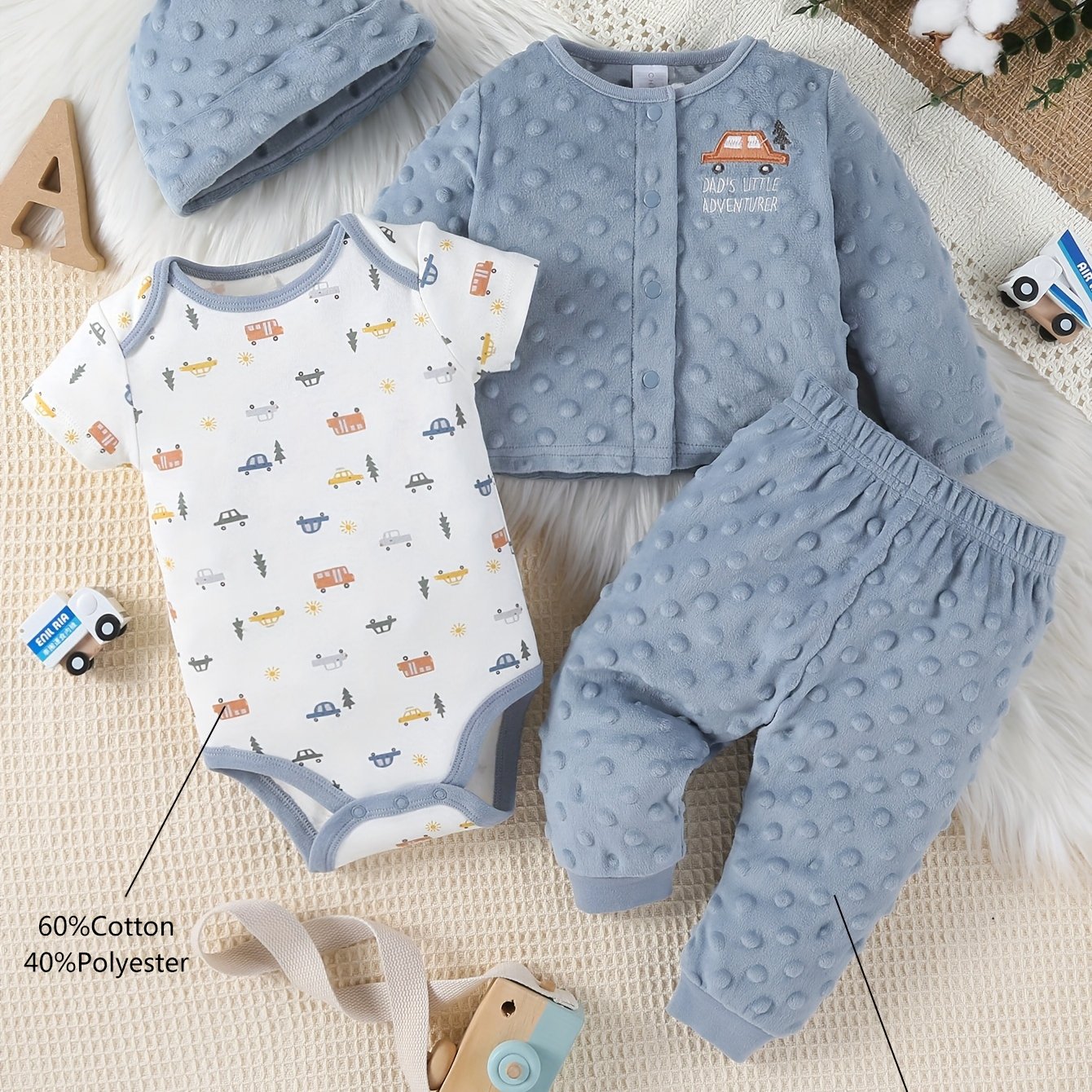 4pcs Autumn And Winter Baby Jumpsuit, Cartoon Car Velvet Long-sleeved Hat, Baby Boy Suit Trousers, For Outdoor