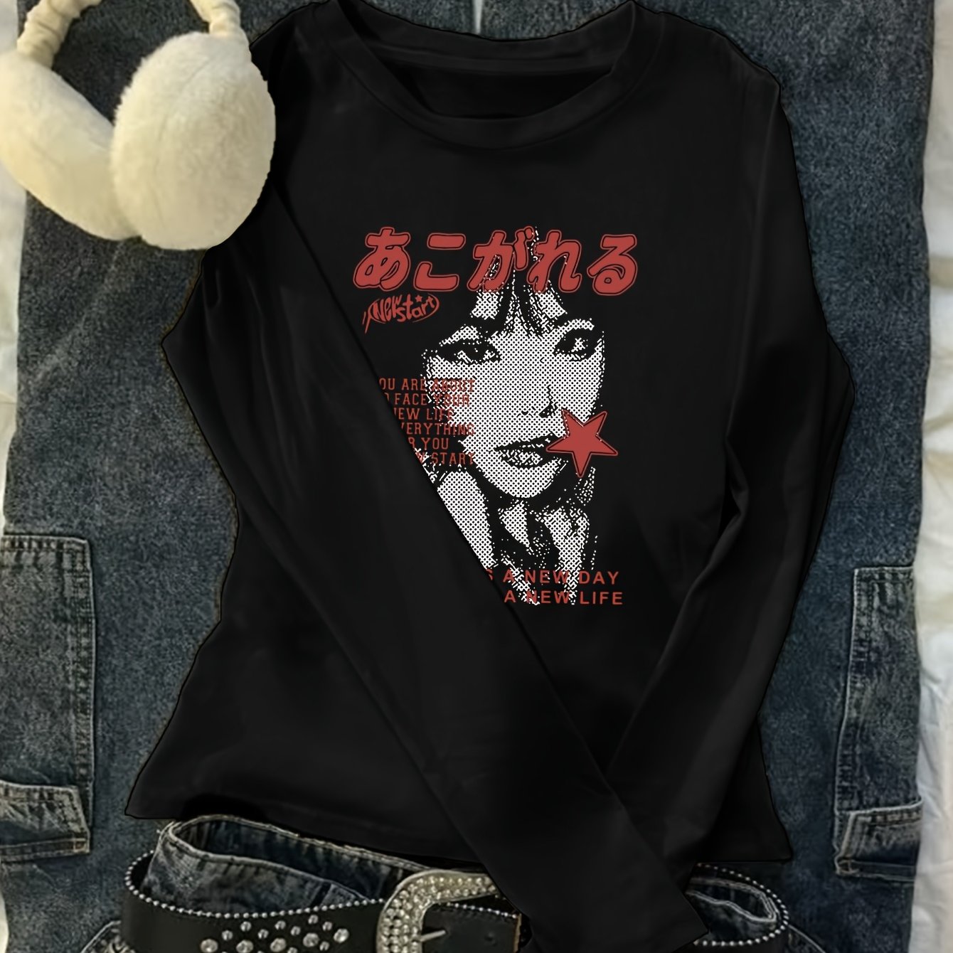 TEMU Women's Vintage Japanese Gothic Y2k Slim-fit Long Sleeve T-shirt With Female Figure & Text Print - Round Neck Blouse, Machine Washable Spring