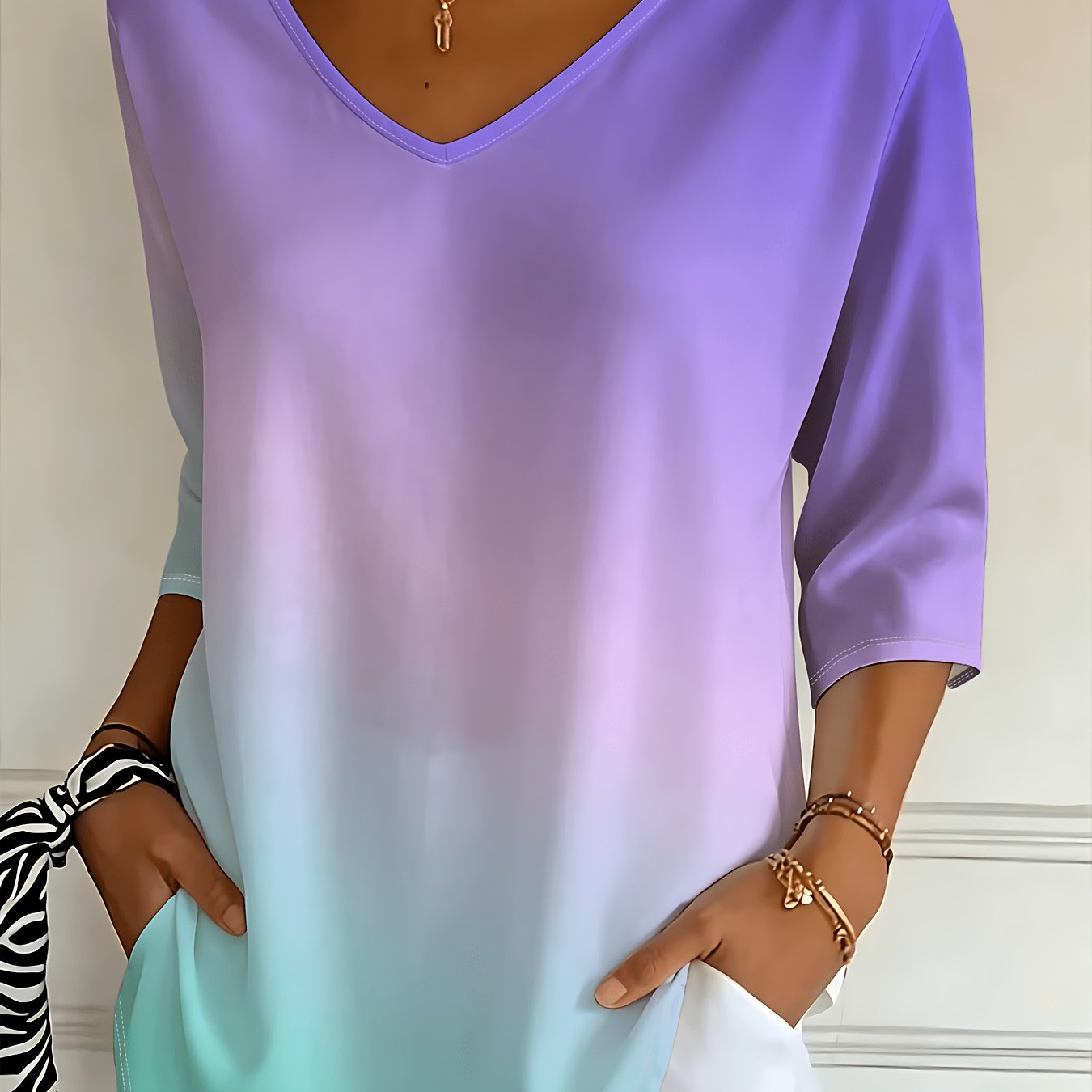 TEMU Purple Gradient Women's Loose Fit V-neck Three-quarter Sleeve Oversized Top