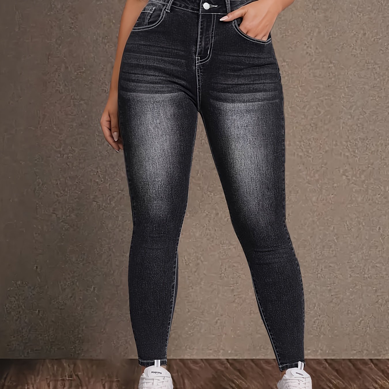 Image of Plus Size Black Geometric Pattern Embroidered Back Pocket Long Denim Jeans Pants High Waist Elastic Retro Women's Casual Going Out Plus Size Jeans