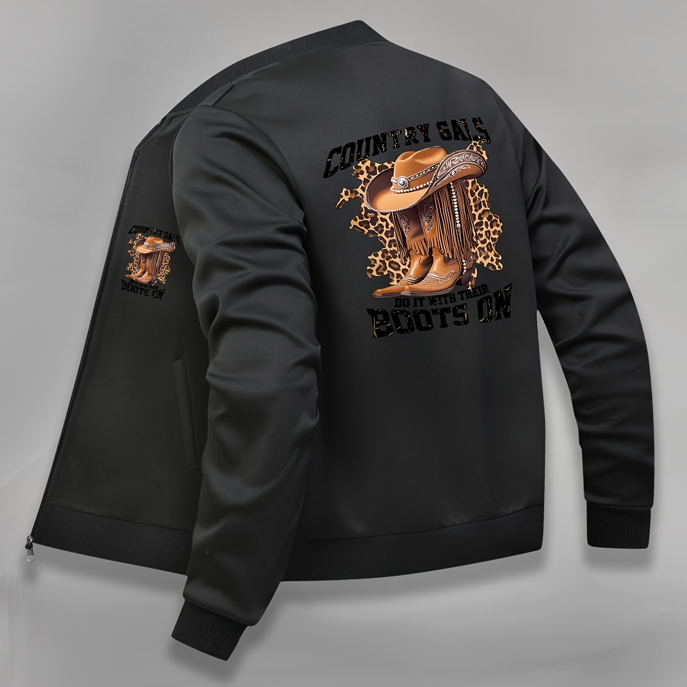 TEMU 1pc Women's Casual Country Gals Printed Zip-up Jacket, Polyester Knit Fabric, Baseball Collar, Pockets, Elegant Long Sleeve Sporty Commuter Coat