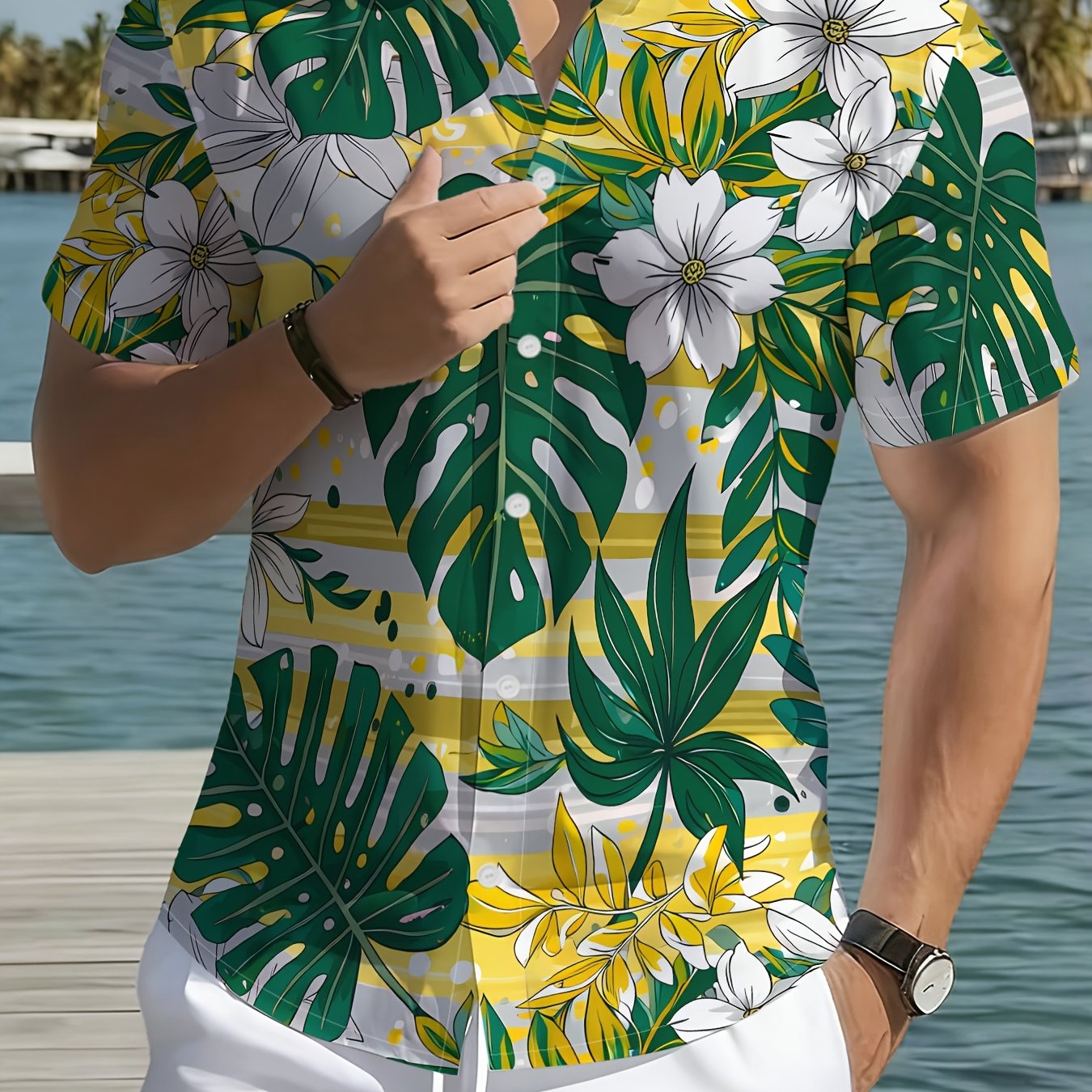 TEMU Hawaiian Style Men's Fashion Short Sleeve Shirt, Lapel Button-up Shirt, Vacation Shirt, Fashion Print, Tropical Floral Leaf Pattern, Soft And