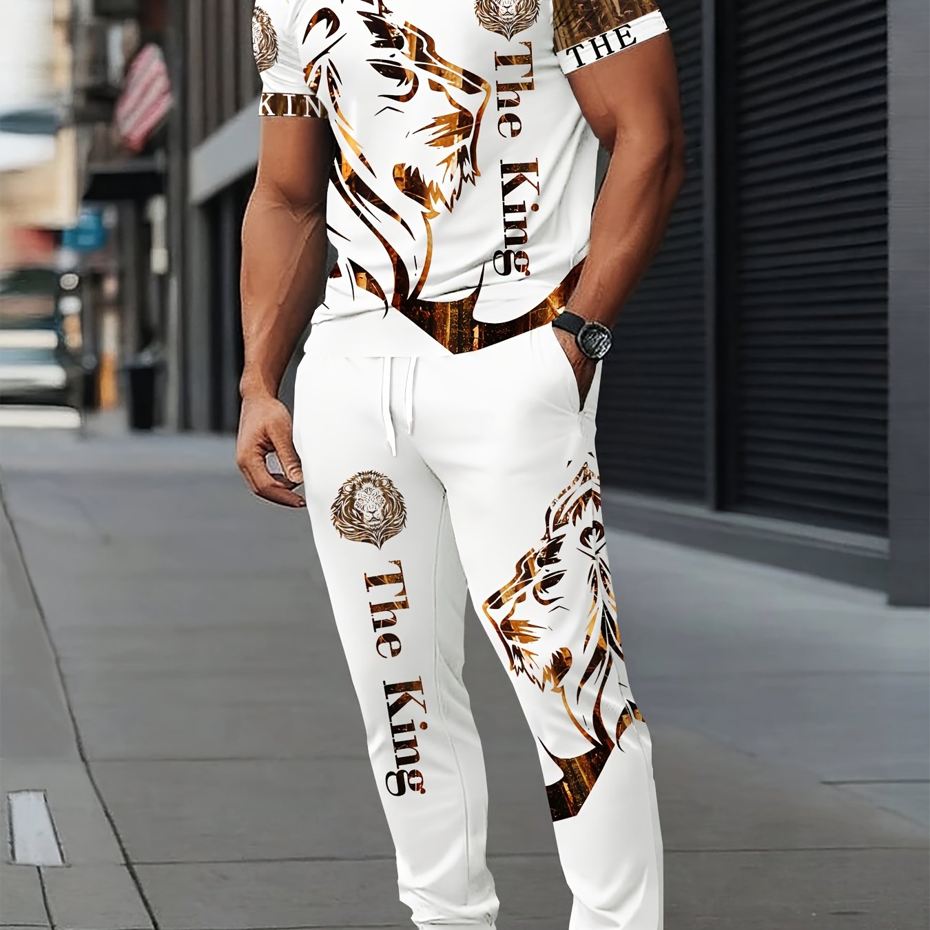 Image of Fashion Lion Digital Printing Short-sleeved Round-neck Men' Casual Set, Casual , Casual Sportswear Breathable Outdoor Casual Men's T-shirt Five-piece Pants Set Summer Printed Adult Set