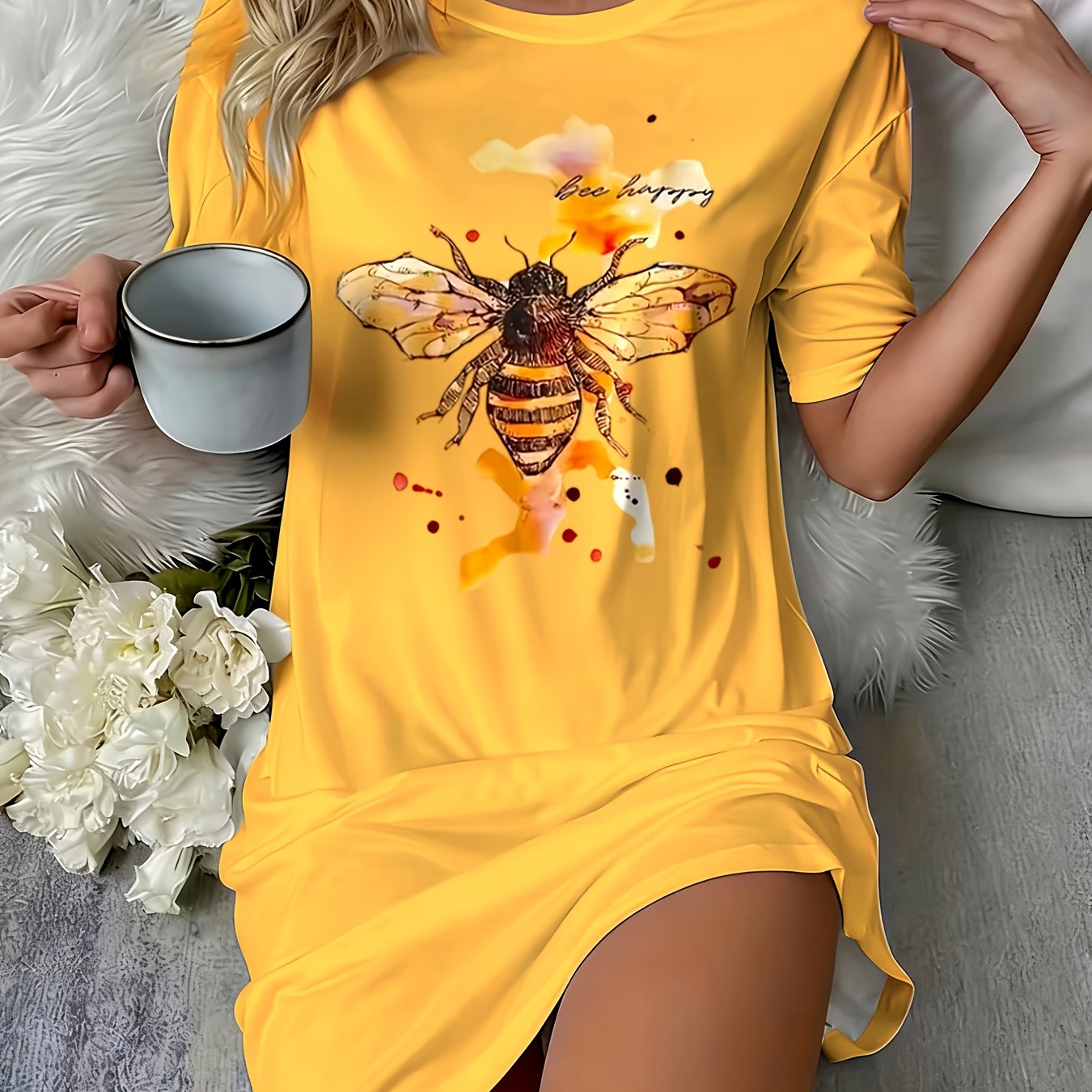 E-shop Jinlin Mode Damen Bienen-Print Nachthemdkleid - Kurzarm Rundhals T-Shirt Kleid mit gelber Biene, Lockerer Schnitt Schlafanzug für Zuhause,