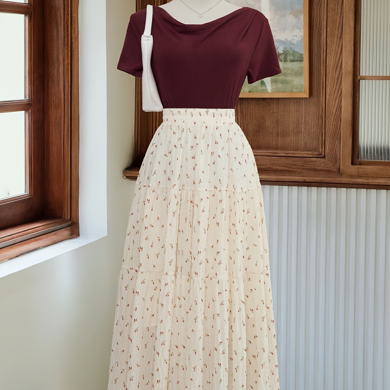E-shop ZLLZ Damen Frühlings Sommer Blumenmuster Damen Urlaub Freizeit Stretch Taillen Etagen A-Linie Midi Rock