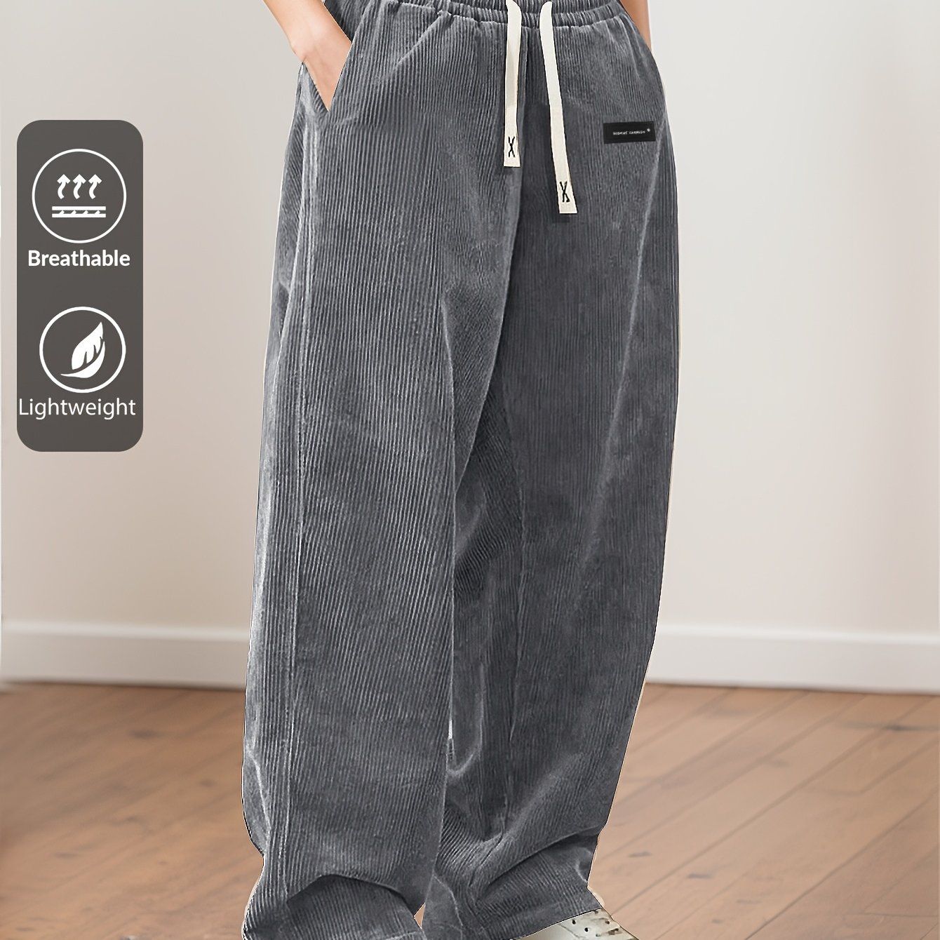 Image of Women's Corduroy Pants, Thin Casual Elastic Waist Drawstring Vintage Straight Long Trousers, Suitable For Leisure Outdoor Wear