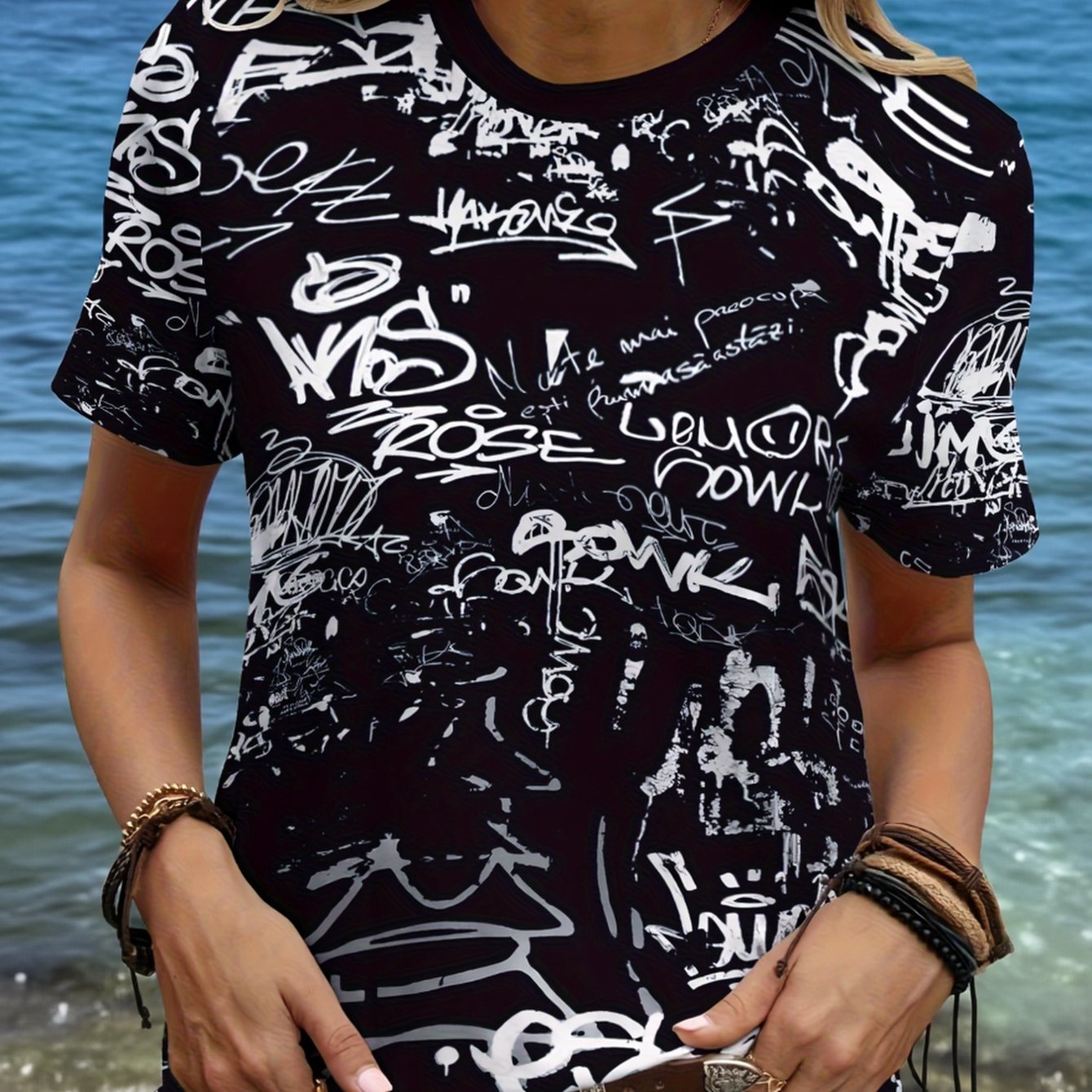 TEMU Women's Casual Short-sleeve T-shirt - Abstract Graffiti Letter & Suitable For Print Crew Neck Top, Breathable Summer Streetwear Style T-shirts