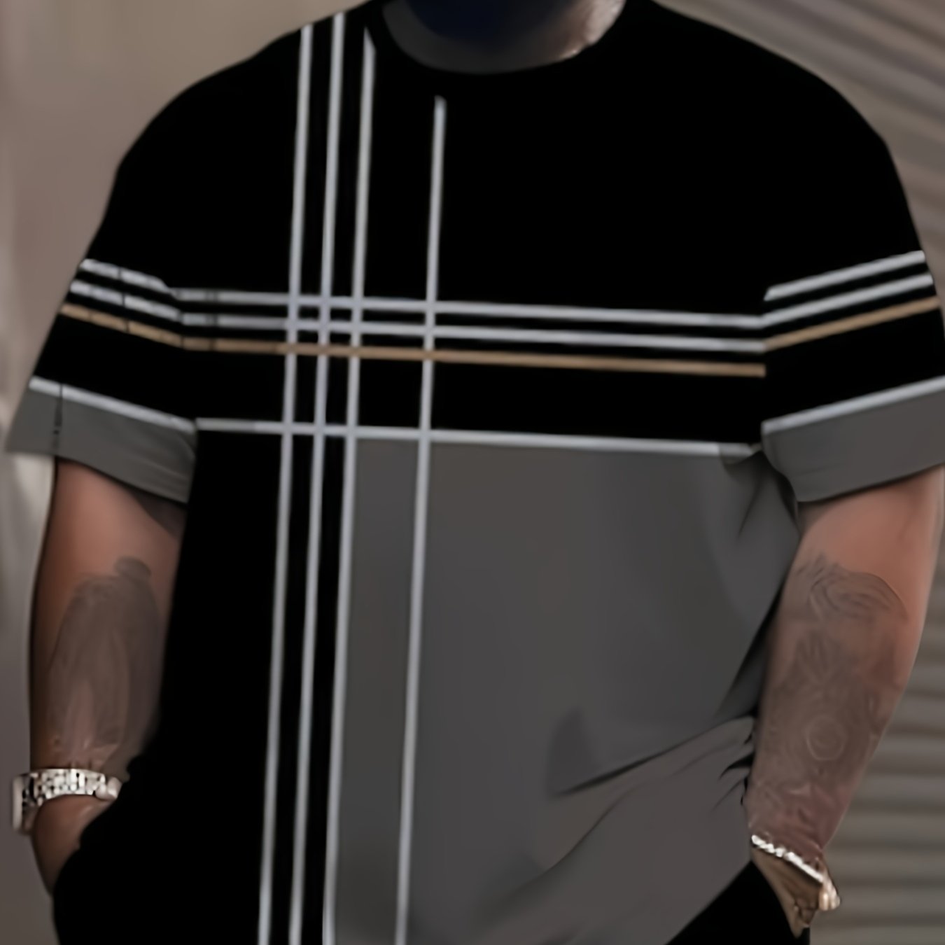 TEMU Men's Oversized Printed T-shirt With Stylish Striped Pattern, , Casual Streetwear Top, Suitable For Daily Wear And Boyfriend Gifts, Plus Size