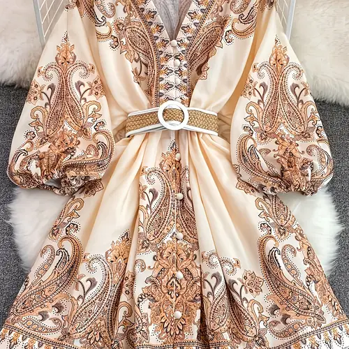 bohemian style vintage pleated dress with v neck and belt printed dress single breasted dress with lantern sleeves casual short dress for women