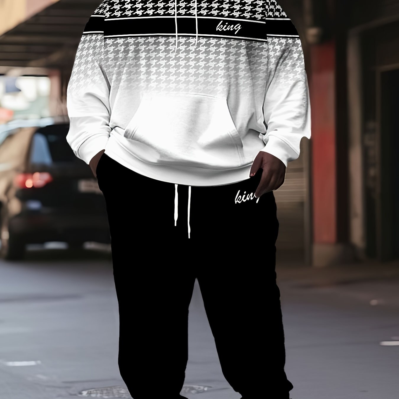 Image of Plus Size 2pcs Men's 'king' Letter Print Hooded Long Sleeve Sweatshirt And Pants Set Casual Set Suitable For Spring And Autumn Wear