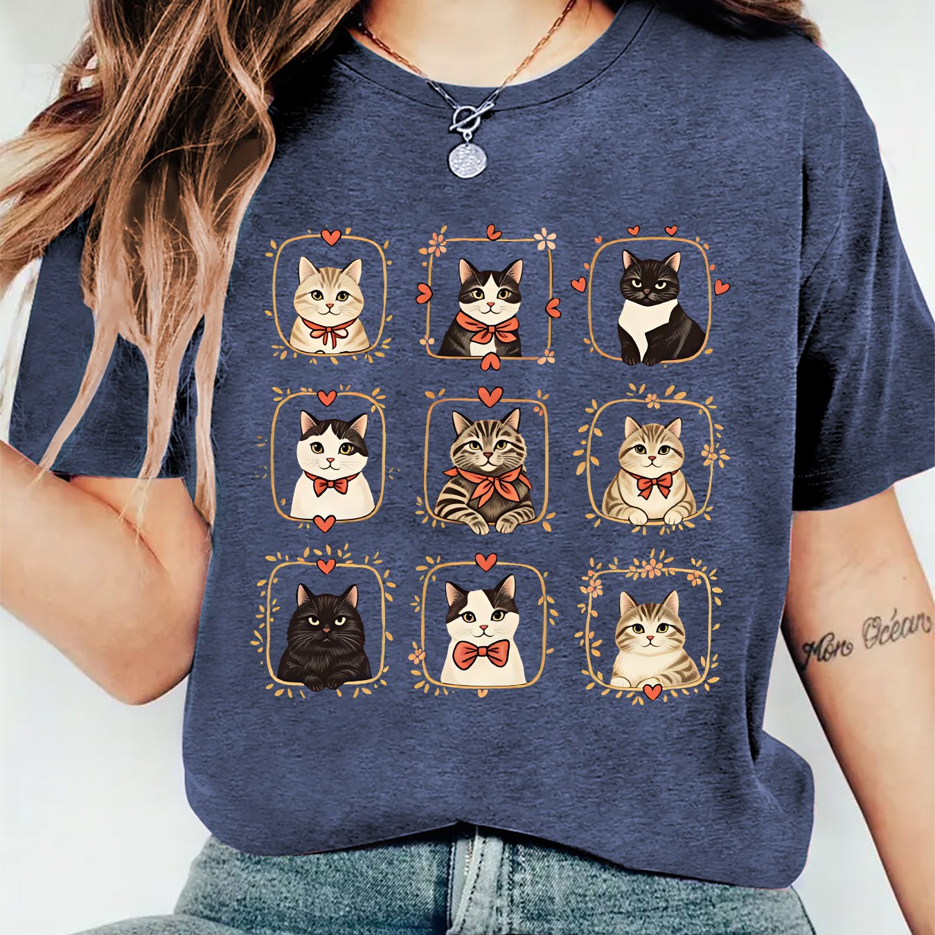 TEMU Women's Retro Cat Print T-shirt - Checkered Bow & Kitten Bow Suitable For - Wear, Round Neck Short Sleeve -compatible Top, Machine Washable