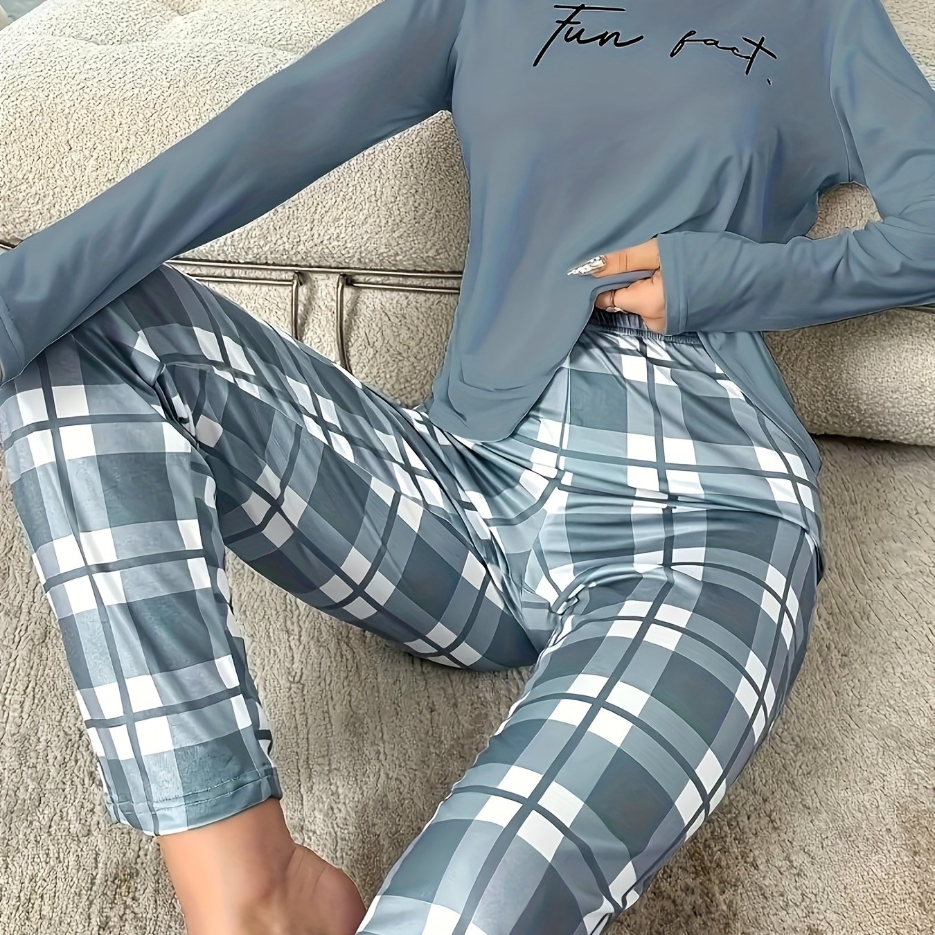 E-shop Englische Casual Langarm-Karo-Pyjama-Set für Damen