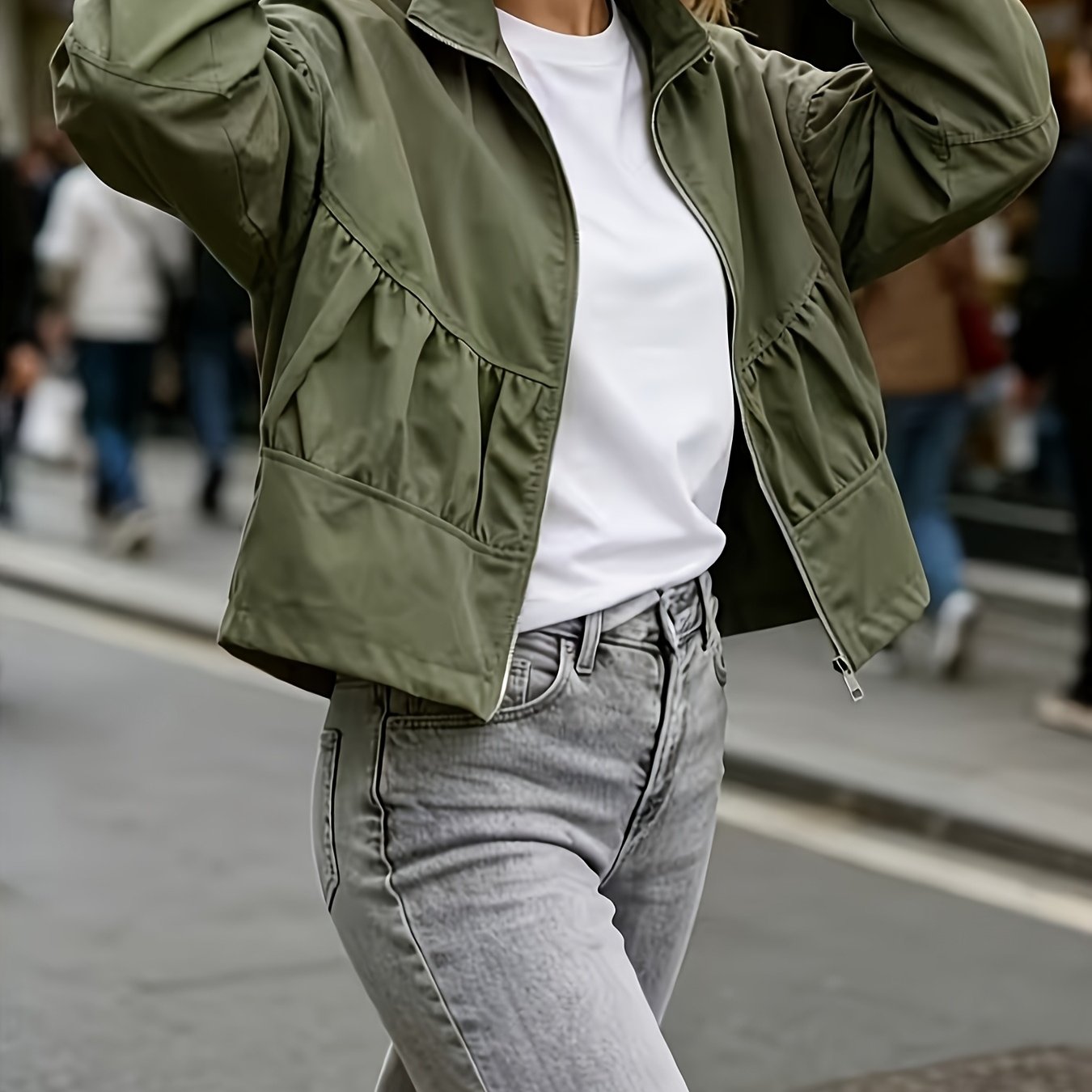 TEMU Women's Fashion Stand Collar Pleated Short Jacket And Easy Solid Color Cargo Jacket And Casual All-match Windproof Coat