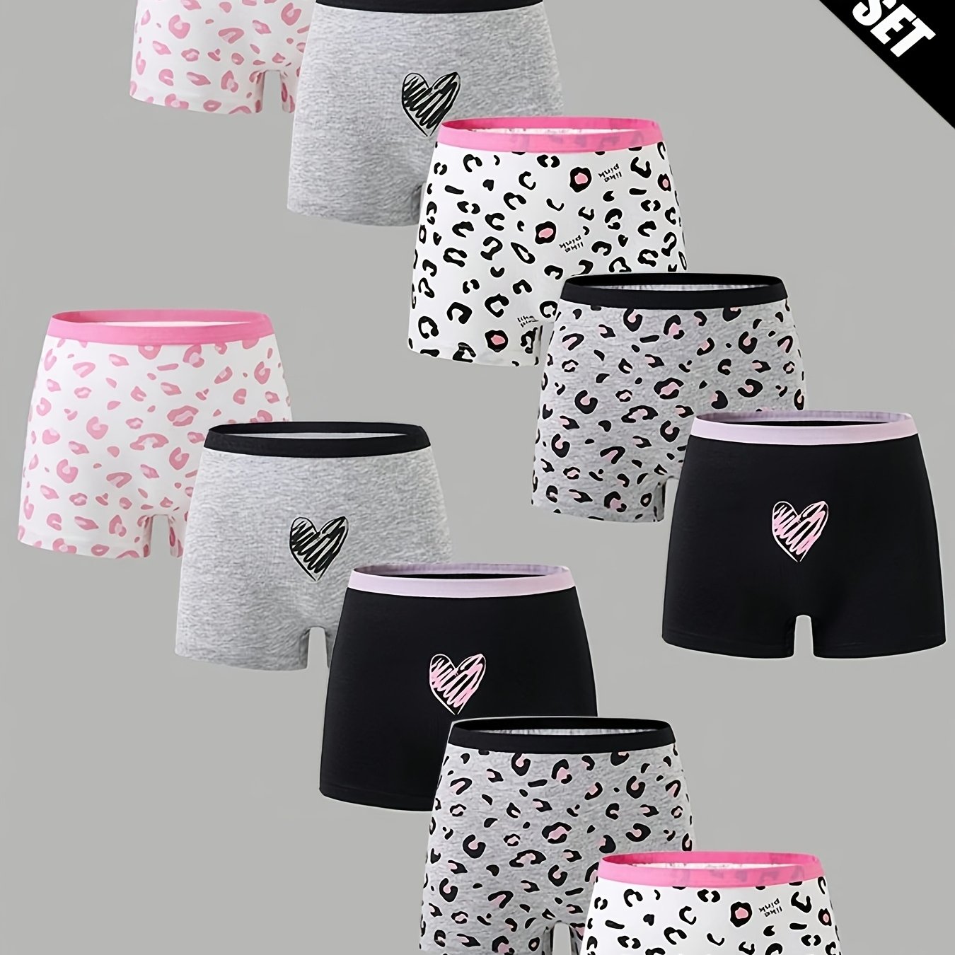 10pcs Girls' Boxer Briefs | Leopard And Heart Patterns, Elastic Waistband, Regular Fit