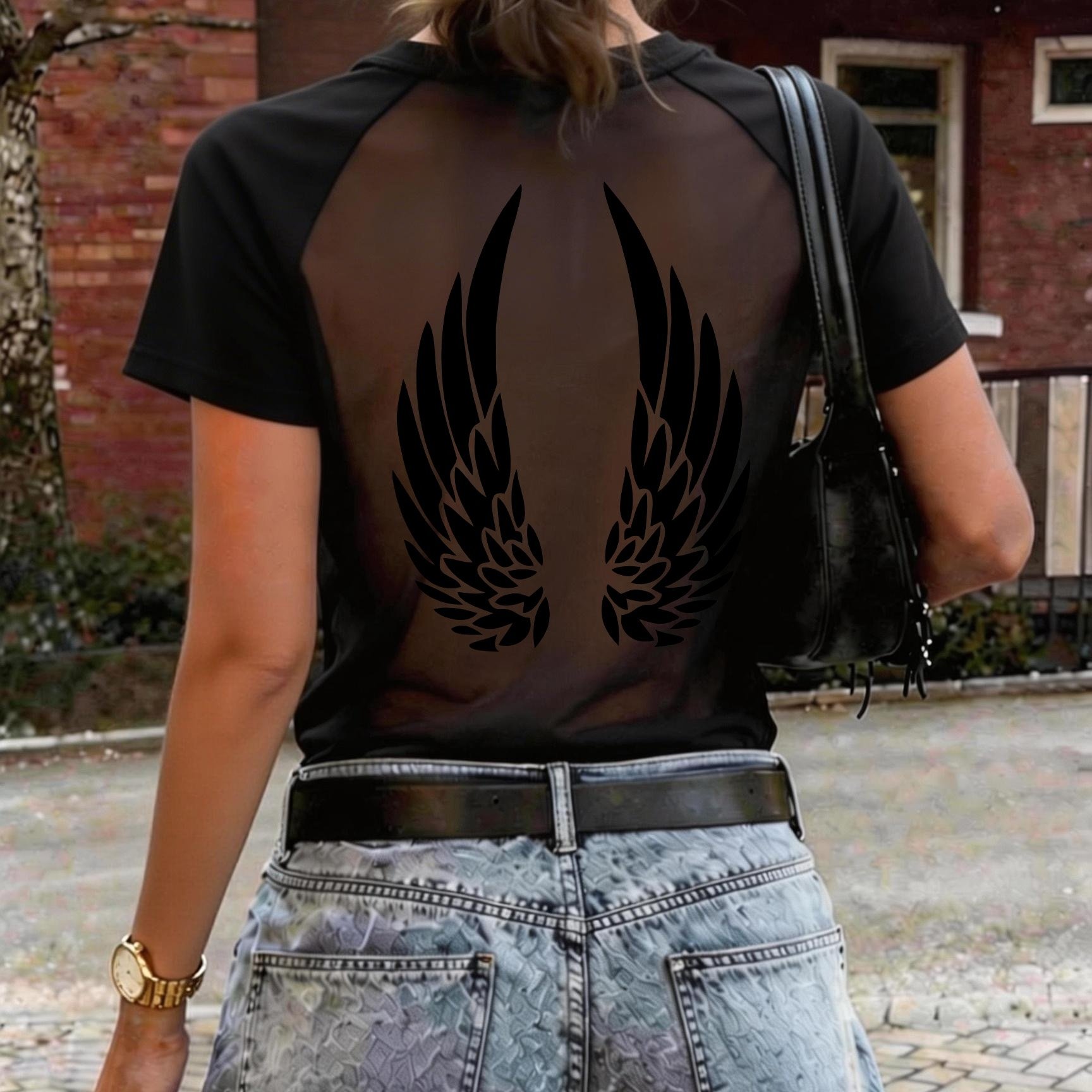 TEMU ! Women's Slim Fit Sexy Backless Careful Machine, With Wing Plush Print Pattern Printed On The Back, Semi Transparent Mesh Round Neck T-shirt,