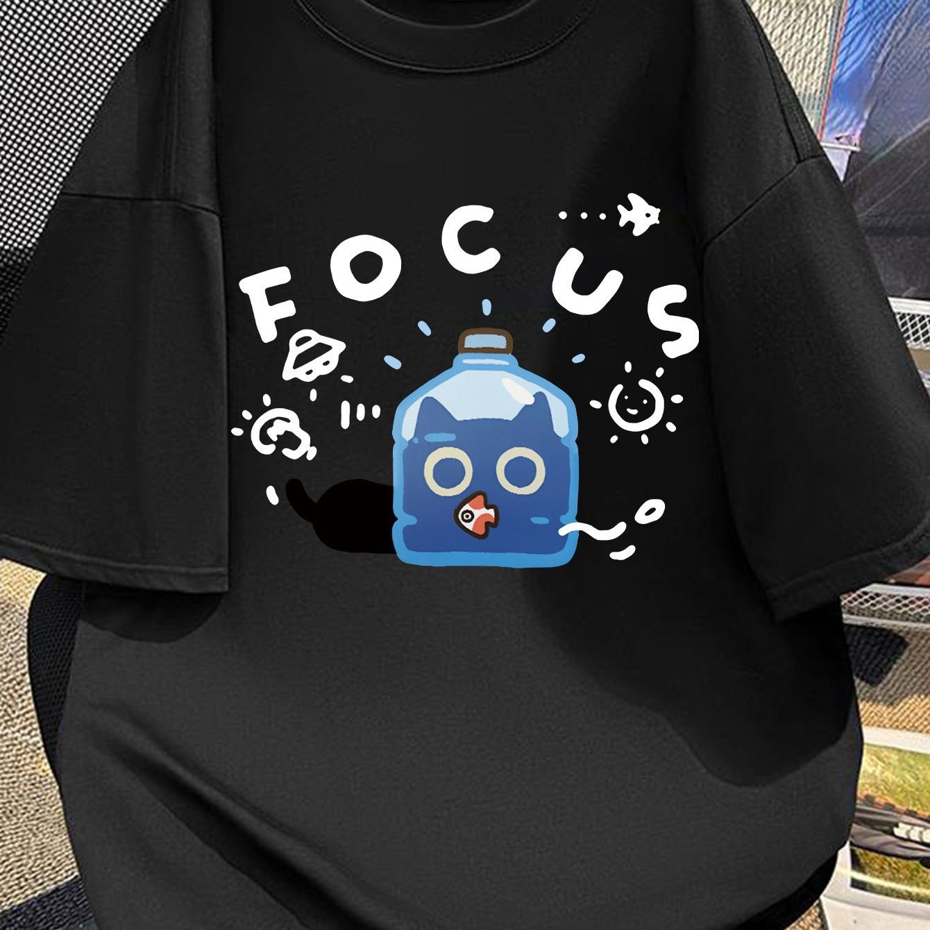 TEMU 1pc Men's Casual T-shirt - Cute Cat Print With Glasses & "focus" Graphic, Loose Fit Short Sleeve Round Neck, Knitted Fabric American Streetwear