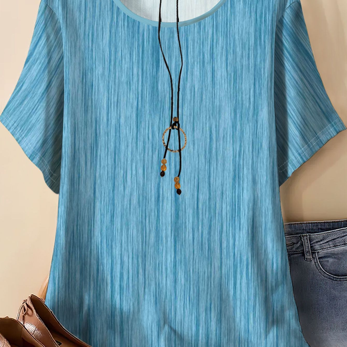 TEMU Women's Plus Size Oversized Short-sleeve T-shirt - Full-body Vertical Stripes (blue), Relaxed Fit Round Neck Summer Casual & Beachwear -