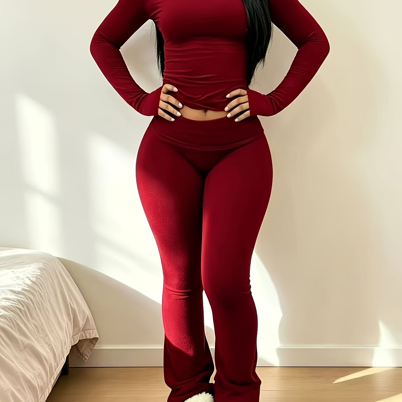 TEMU Autumn/winter Long-sleeve Base Layer Set, Simple Round Neck Long-sleeve T-shirt With Flared Pants, Stylish 2pcs Outfit, Slim Fit For A Look