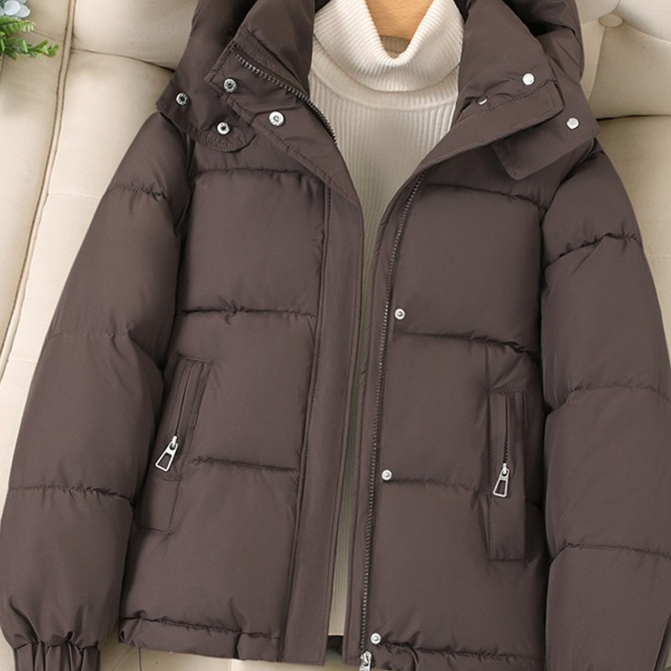 TEMU Women Short Hooded, Warm Zip-up Padded Winter Drawstring Hem Casual Outerwear With Zipper Pockets For Back To Versatile For Daily Commute, Work,