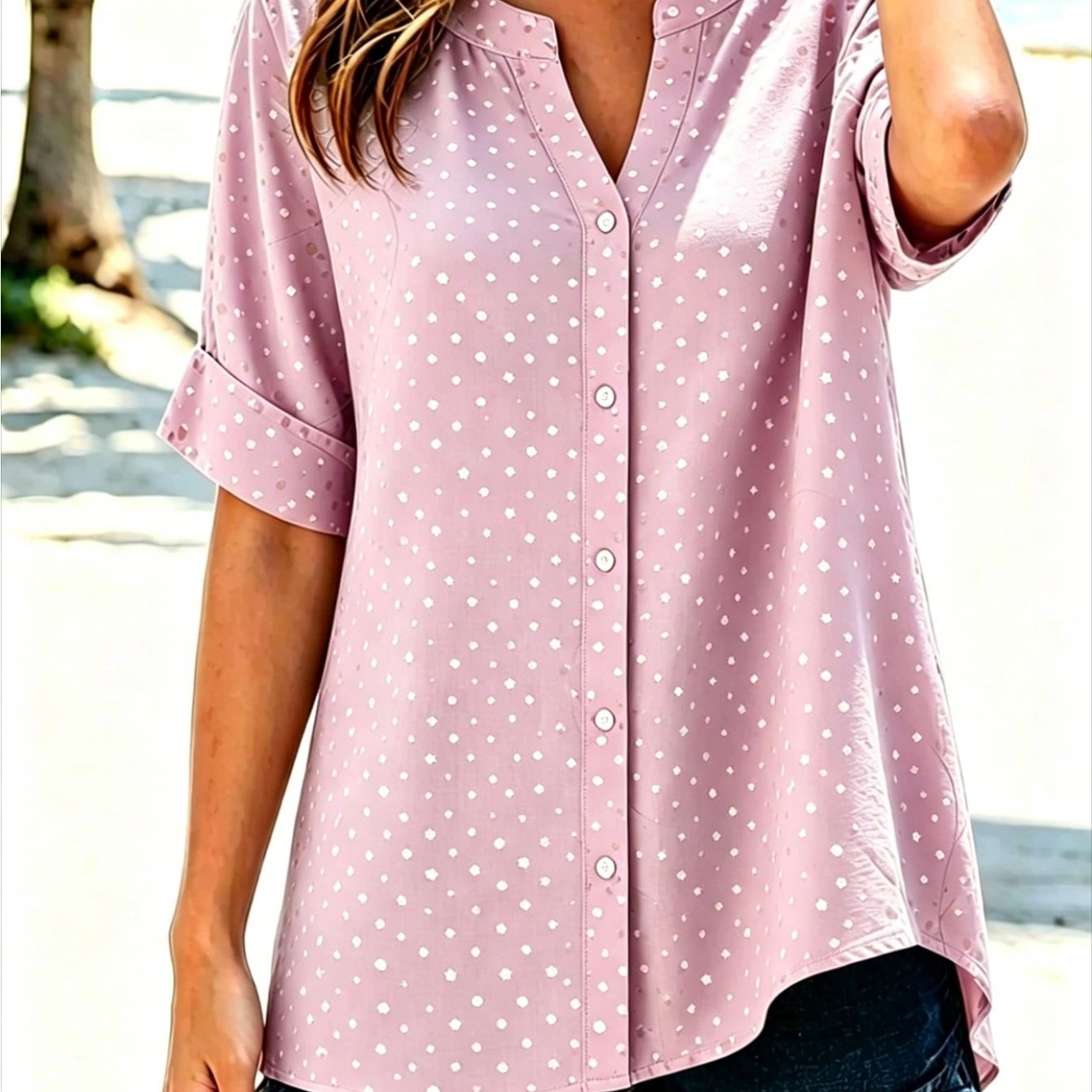 Image of Plus Size, Large Size Lavender Polka Dot Button-up Shirt, Short-sleeved V-neck Asymmetrical Hem Loose Top, Suitable For Beach Vacation And Casual Daily Wear, And The For Gifts