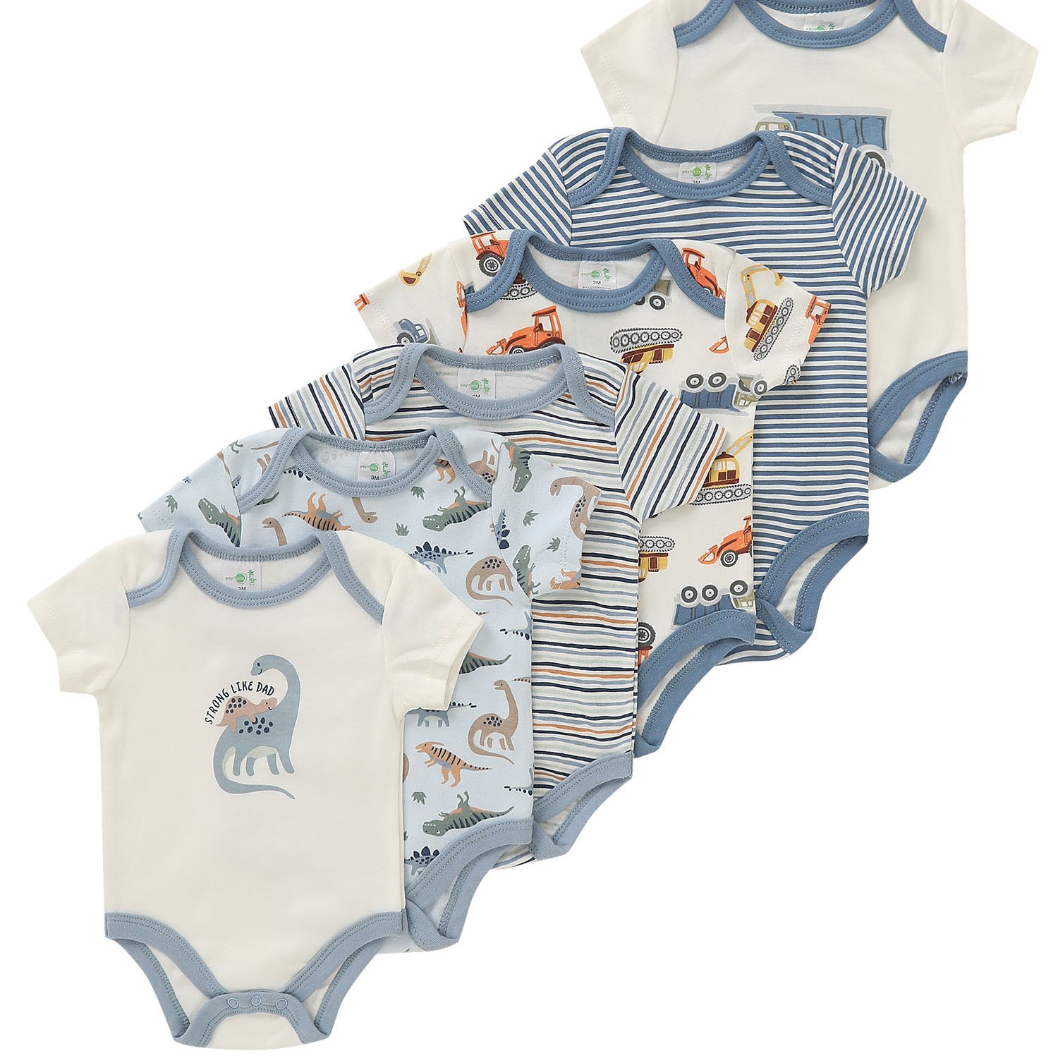 Image of 6pcs Newborn Baby Romper With Dinosaur And Truck Embroidery, Triangle Bodysuit Suitable For Boys' Outdoor Activities, Perfect For Outdoor