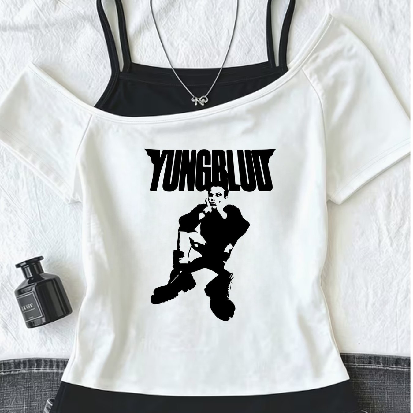 TEMU Fake Two-piece Off-shoulder T-shirt, Youngluud, Hip Hop Style Printed Top, Y2k Spring Summer Women's Fashion Personalized Fake Two-piece